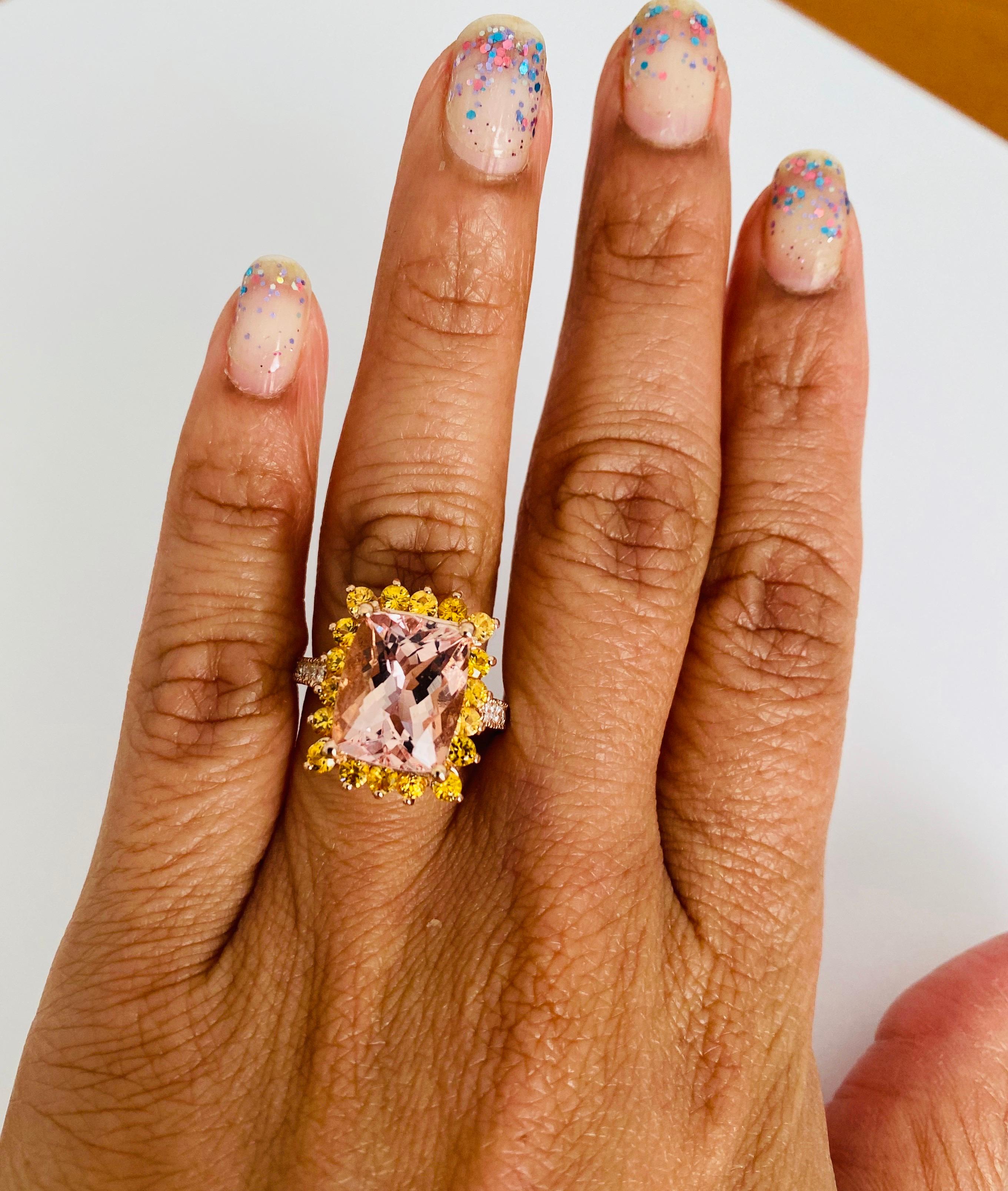 6.66 Carat Morganite, Sapphire and Diamond Rose Gold Engagement Ring In New Condition In Los Angeles, CA