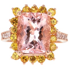 Bague de fiançailles en or rose avec morganite de 6,66 carats, saphir et diamants