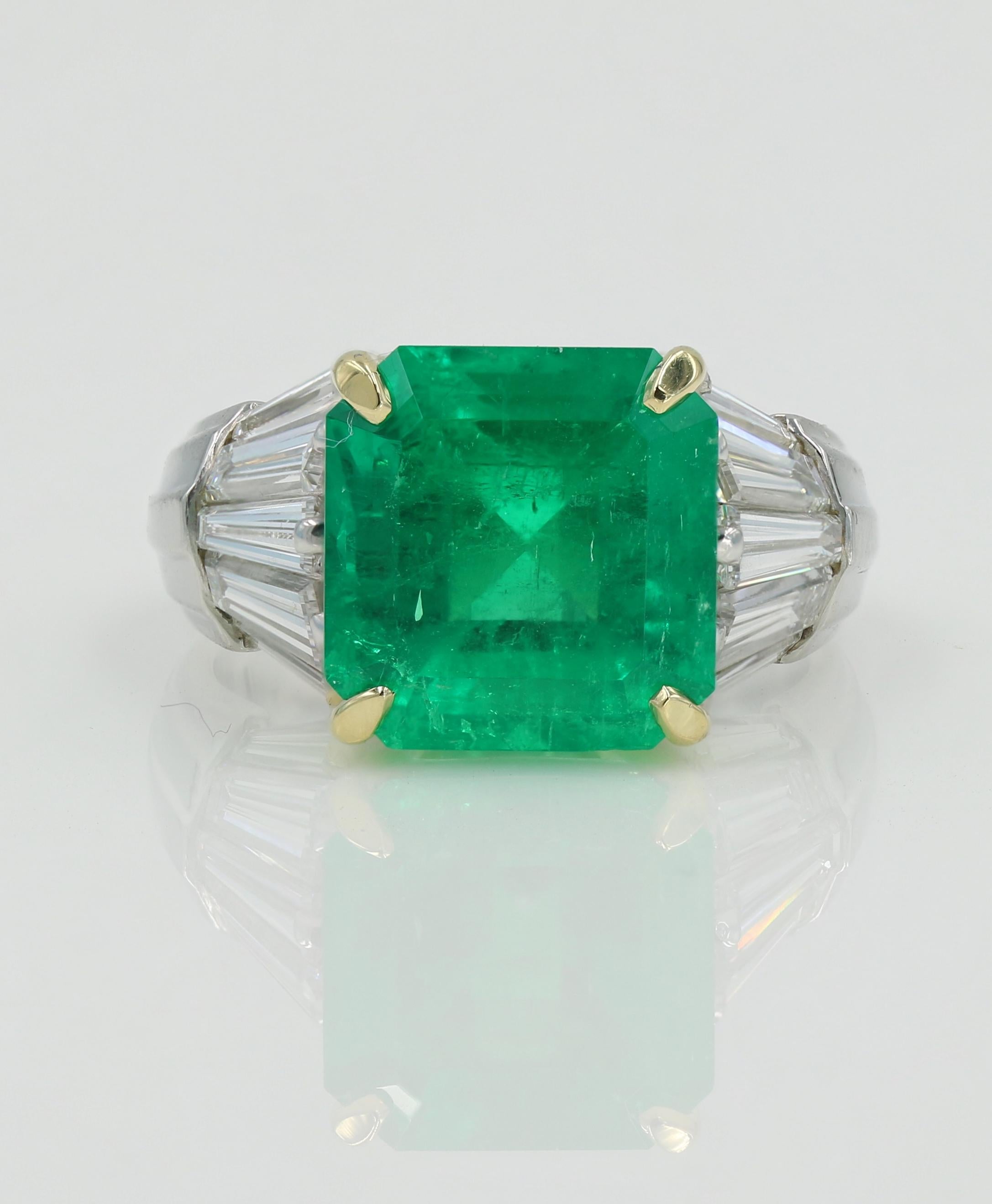 Natural Green Emerald & Diamond Ring: 6.66cts Square Emerald Cut Emerald, Colombian origin (minor treatment). AGL 