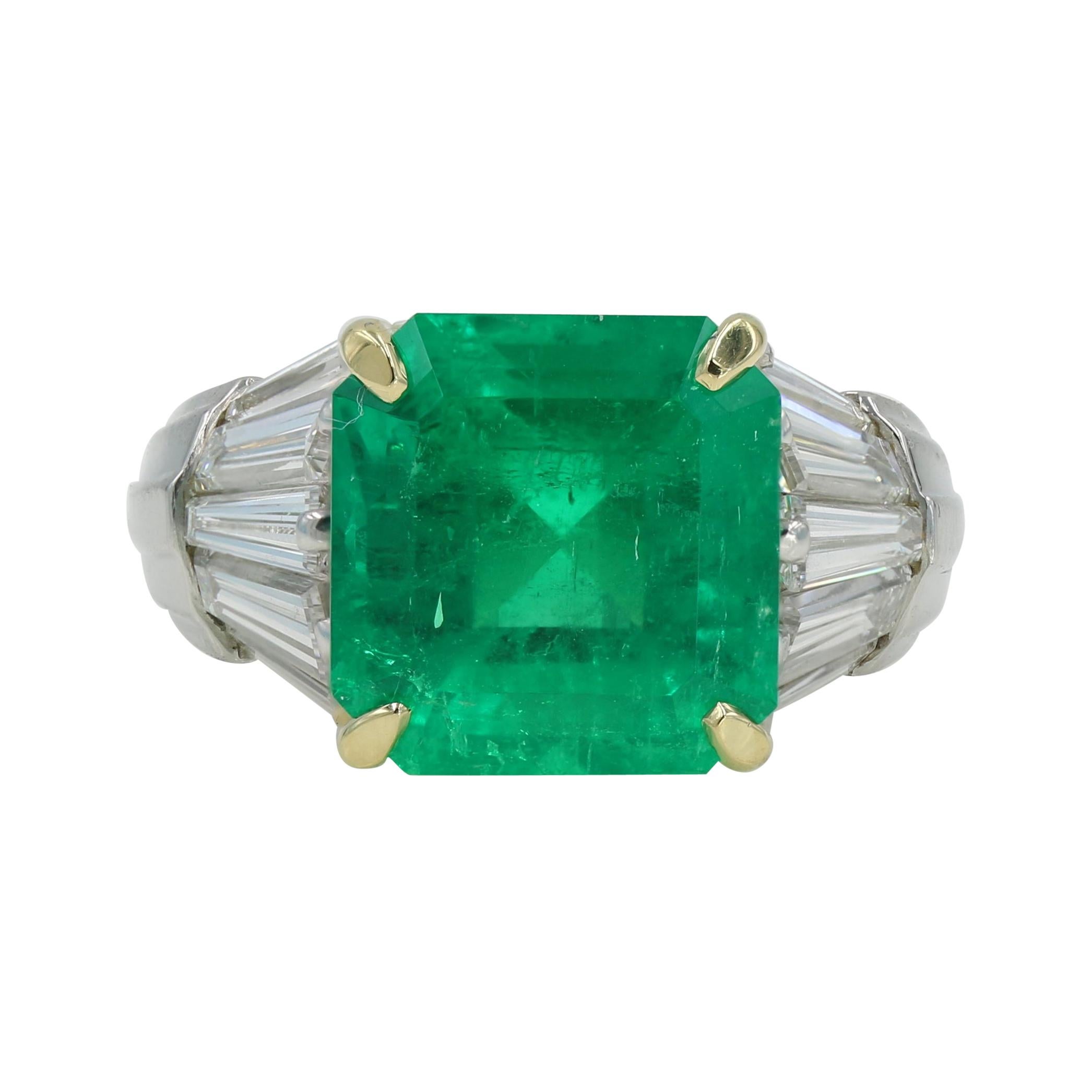6.66 Carat Natural Colombian Emerald and Diamond Platinum Ring, AGL Certified For Sale