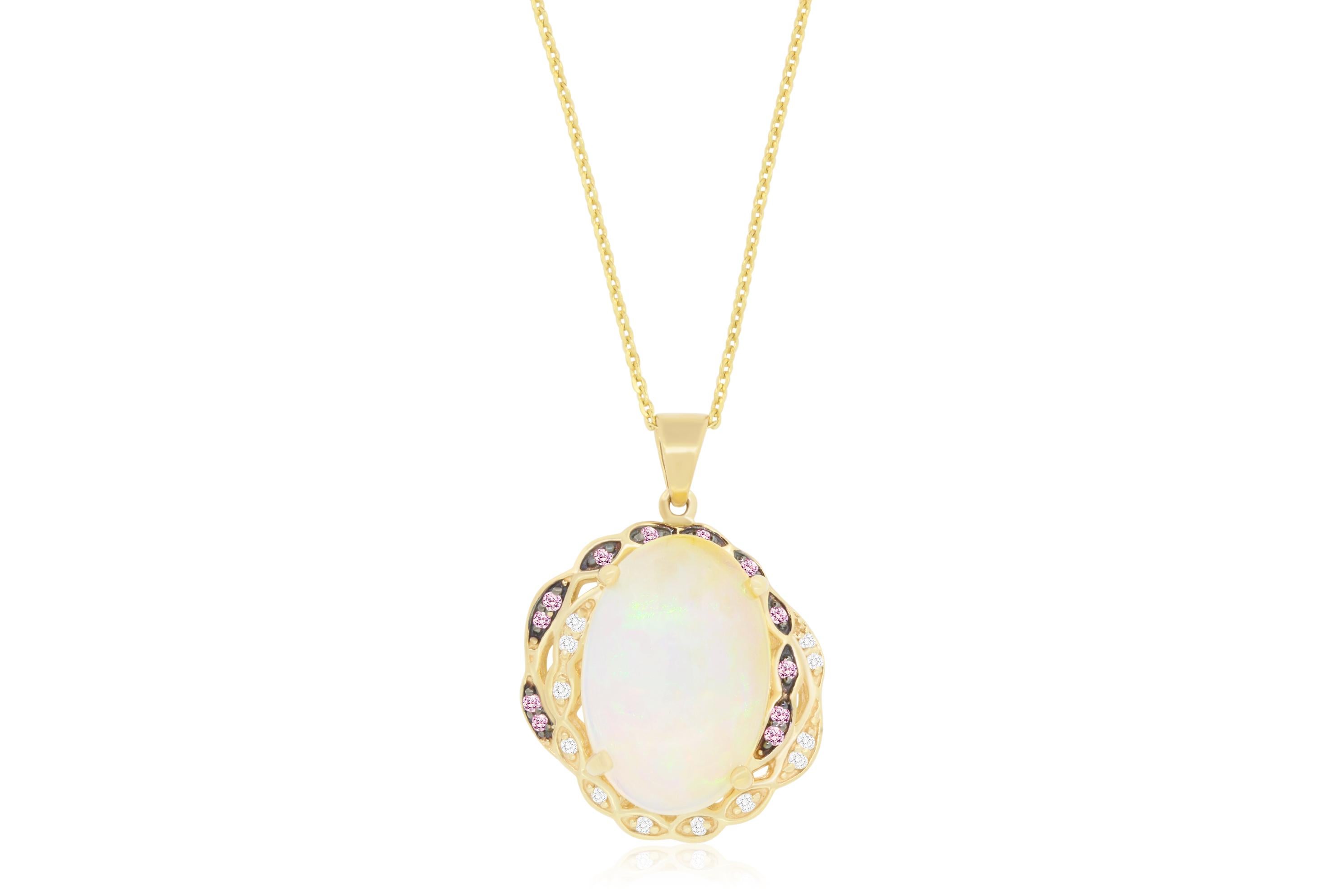 Material: 14k Yellow Gold 
Center Stone Detail:  1 Oval Opal at 6.66 Carats
Mounting Stone Details:  12 Round Pink Sapphires at 0.10 carat
Mounting Stone Details: 12 Brilliant Round White Diamonds at 0.08 Carats - Clarity: SI / Color
Chain Length: 