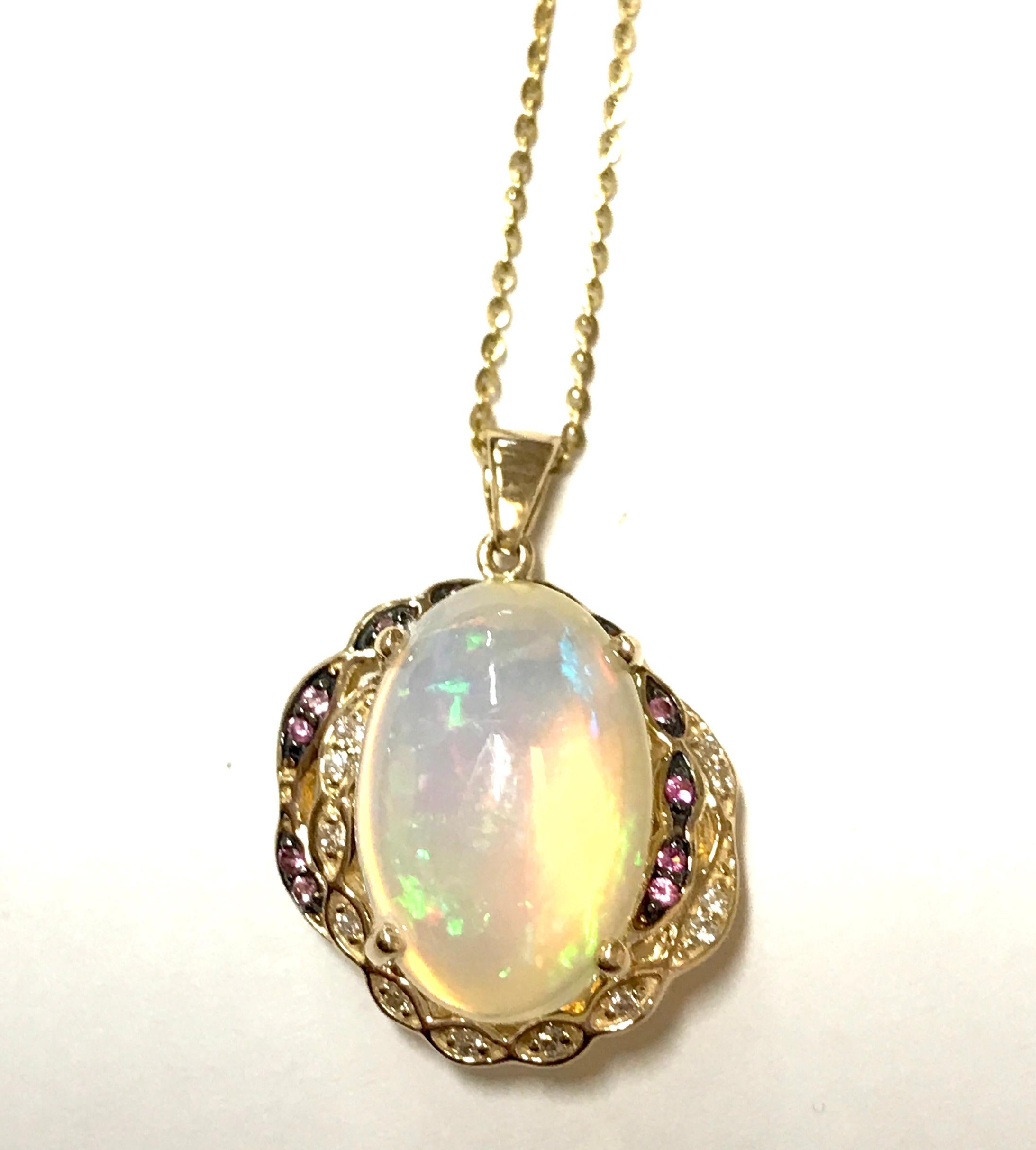 Oval Cut 6.66 Carat Opal, 0.10 Carat Pink Sapphire and White Diamond Pendant