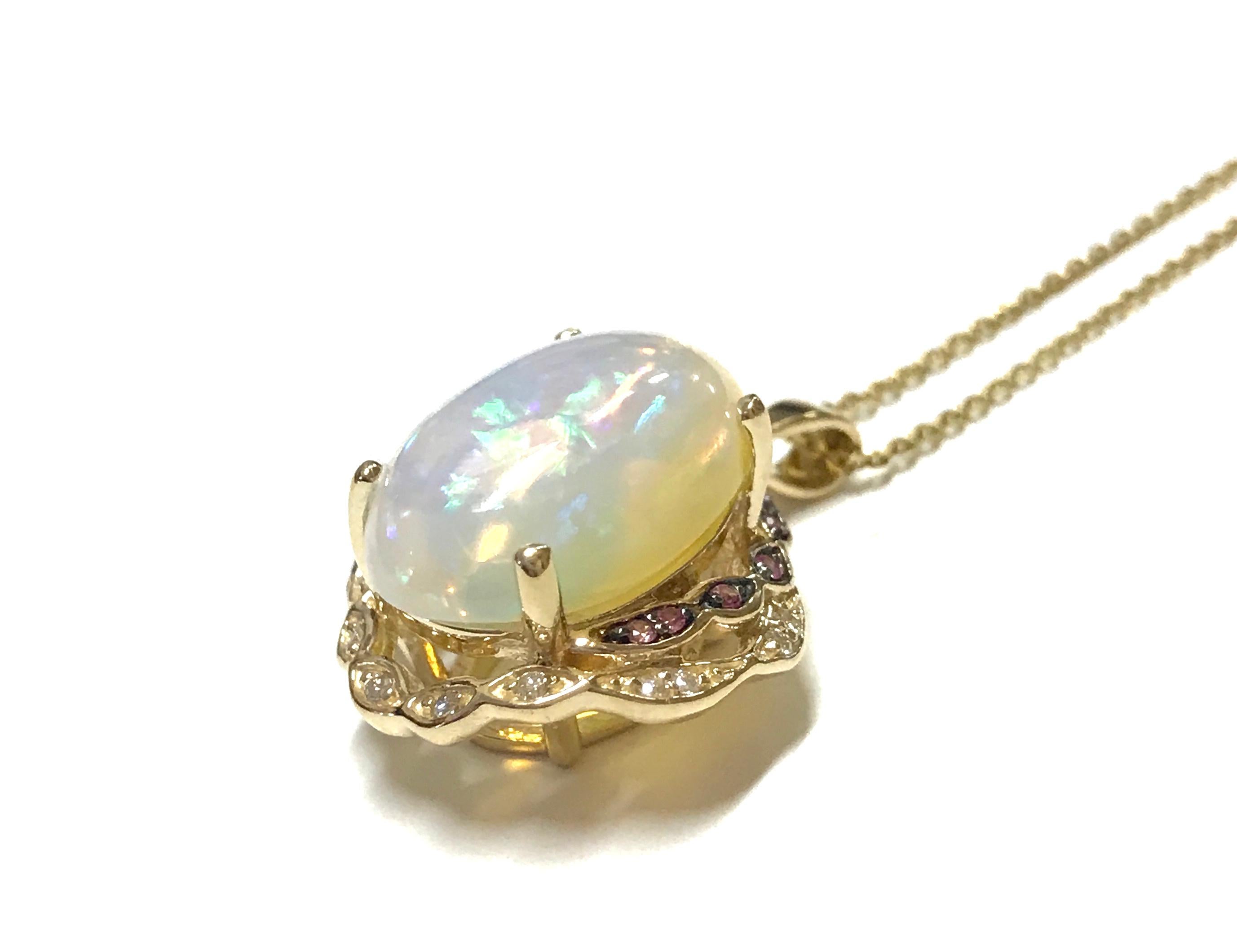 6.66 Carat Opal, 0.10 Carat Pink Sapphire and White Diamond Pendant In New Condition In GREAT NECK, NY