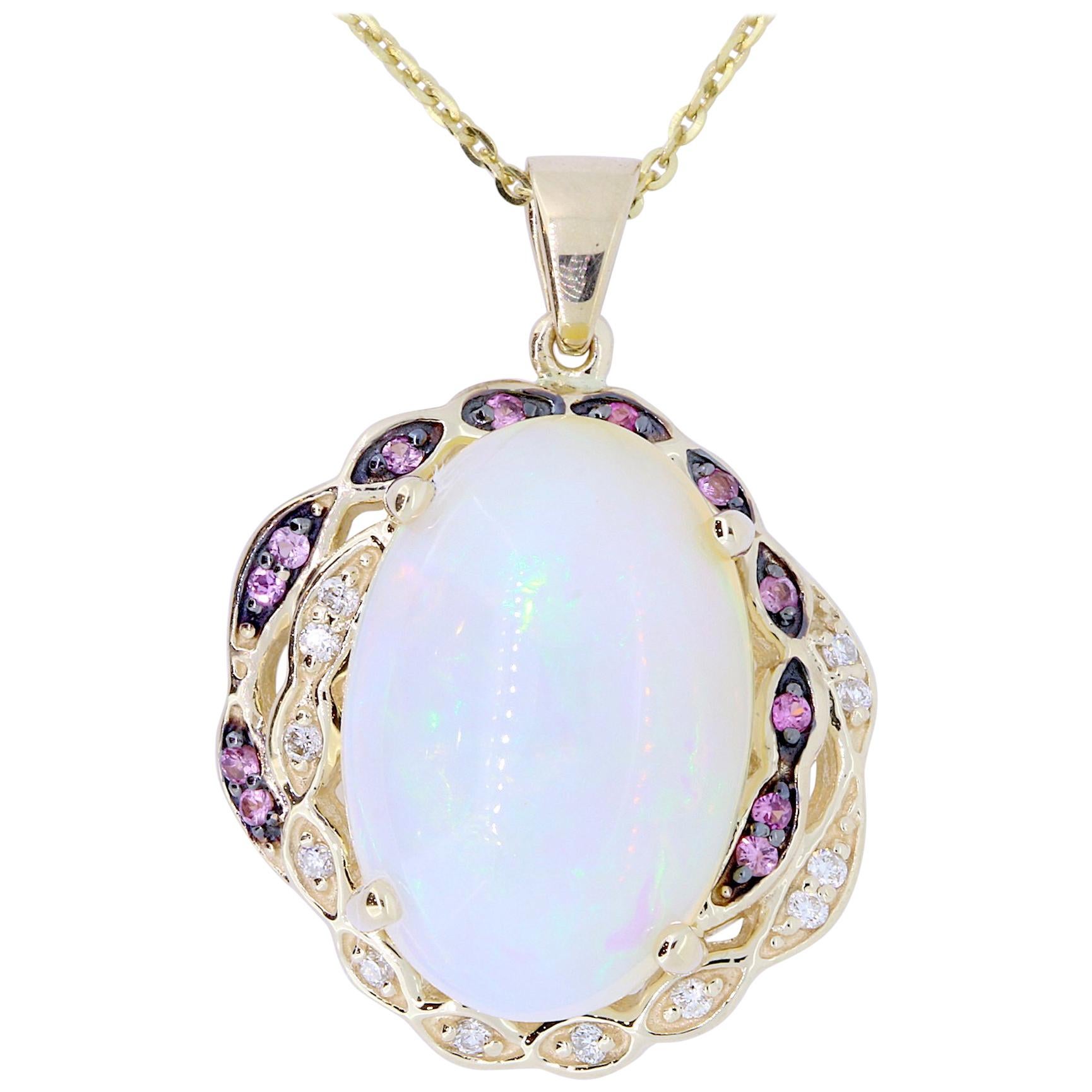 6.66 Carat Opal, 0.10 Carat Pink Sapphire and White Diamond Pendant 1