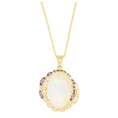 6.66 Carat Opal, 0.10 Carat Pink Sapphire and White Diamond Pendant