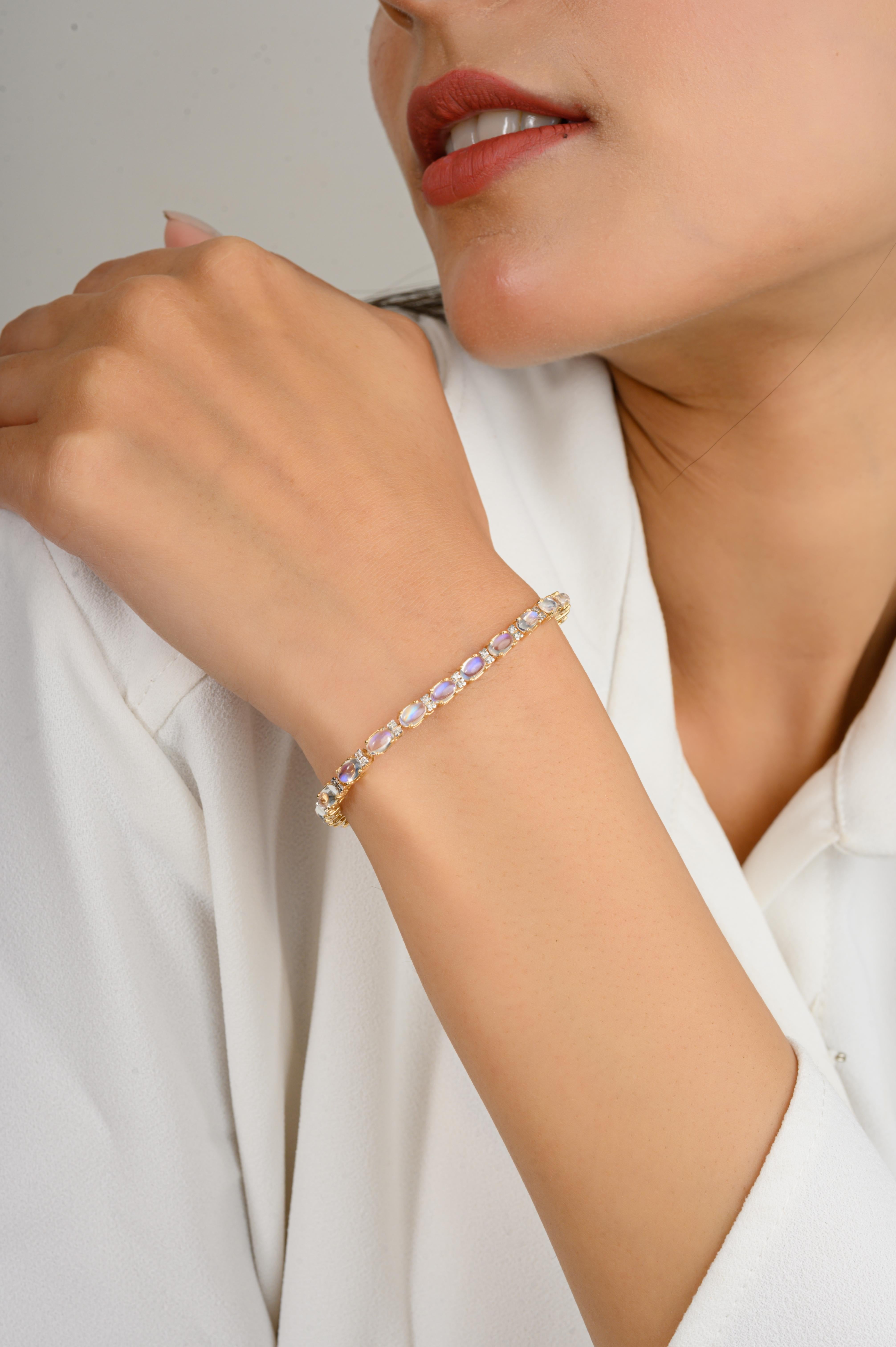 This 6.66 Carat Rainbow Moonstone Diamond Tennis Bracelet in 14K gold showcases 6.66 carats and diamonds of 0.29 carats endlessly sparkling natural rainbow moonstone and diamonds. It measures 7 inches long in length. 
Rainbow moonstone can help you