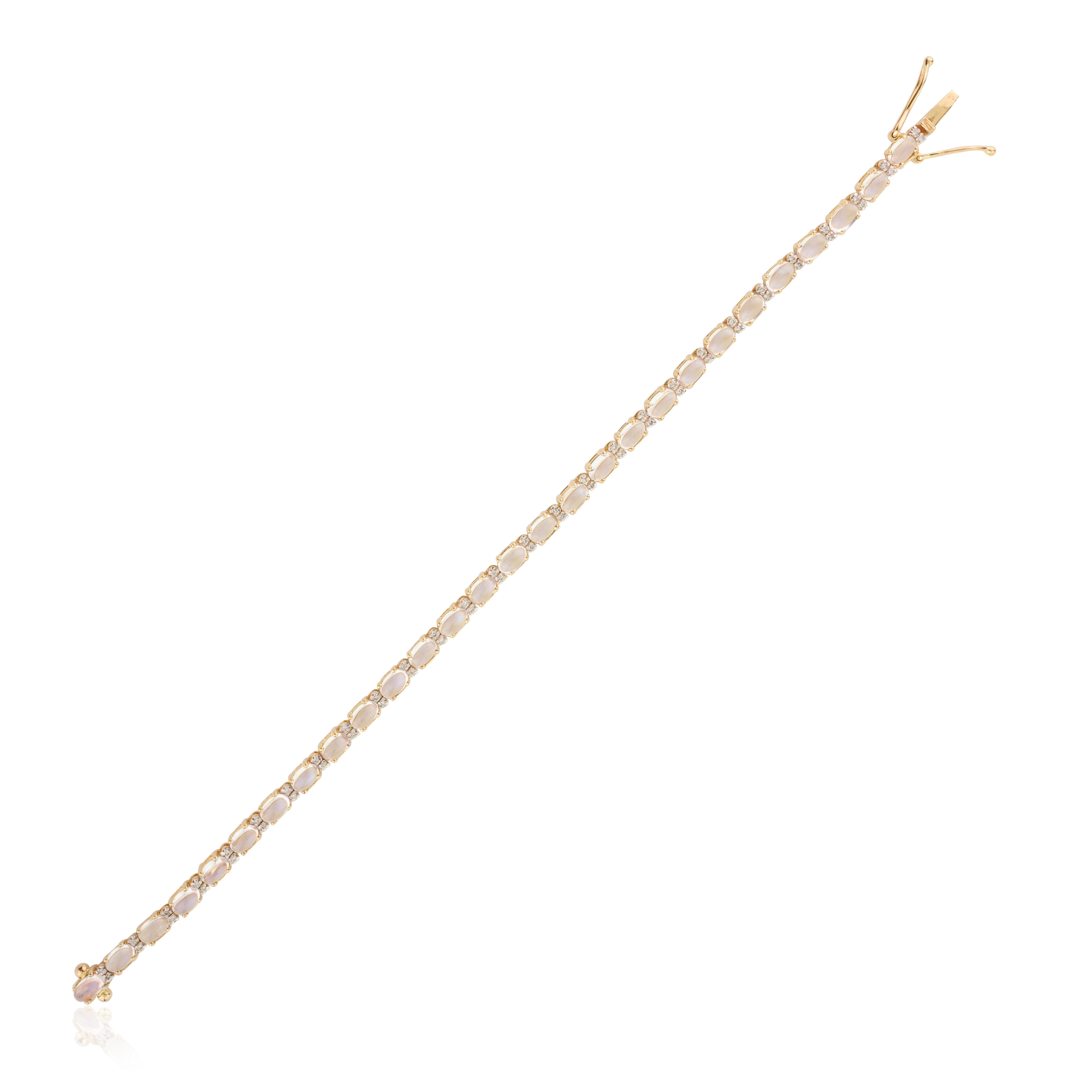 Modernist 6.66 Carat Rainbow Moonstone Diamond Tennis Bracelet for Her in 14k Yellow Gold For Sale
