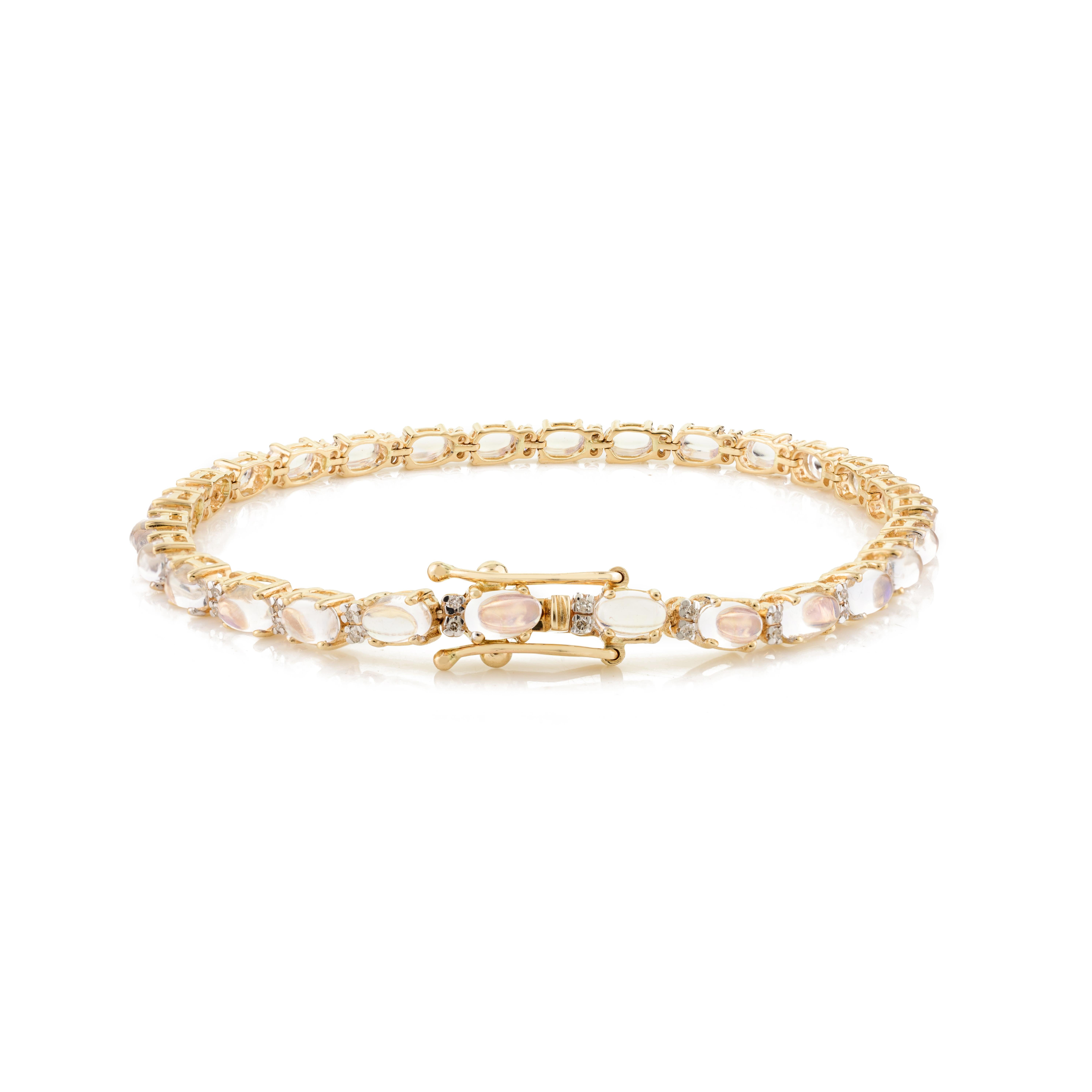 Women's 6.66 Carat Rainbow Moonstone Diamond Tennis Bracelet for Her in 14k Yellow Gold For Sale