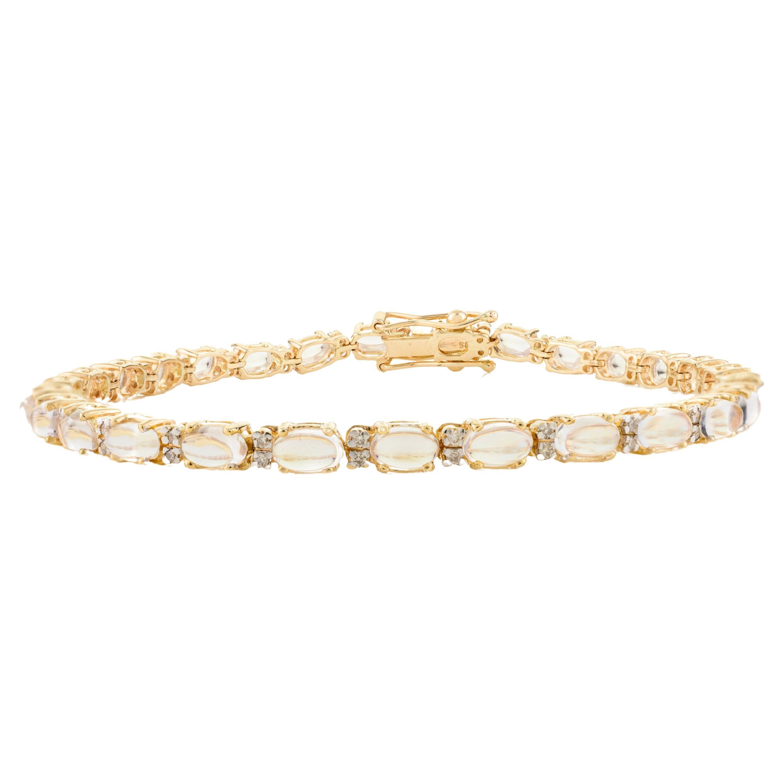 6.66 Carat Rainbow Moonstone Diamond Tennis Bracelet for Her in 14k Yellow Gold