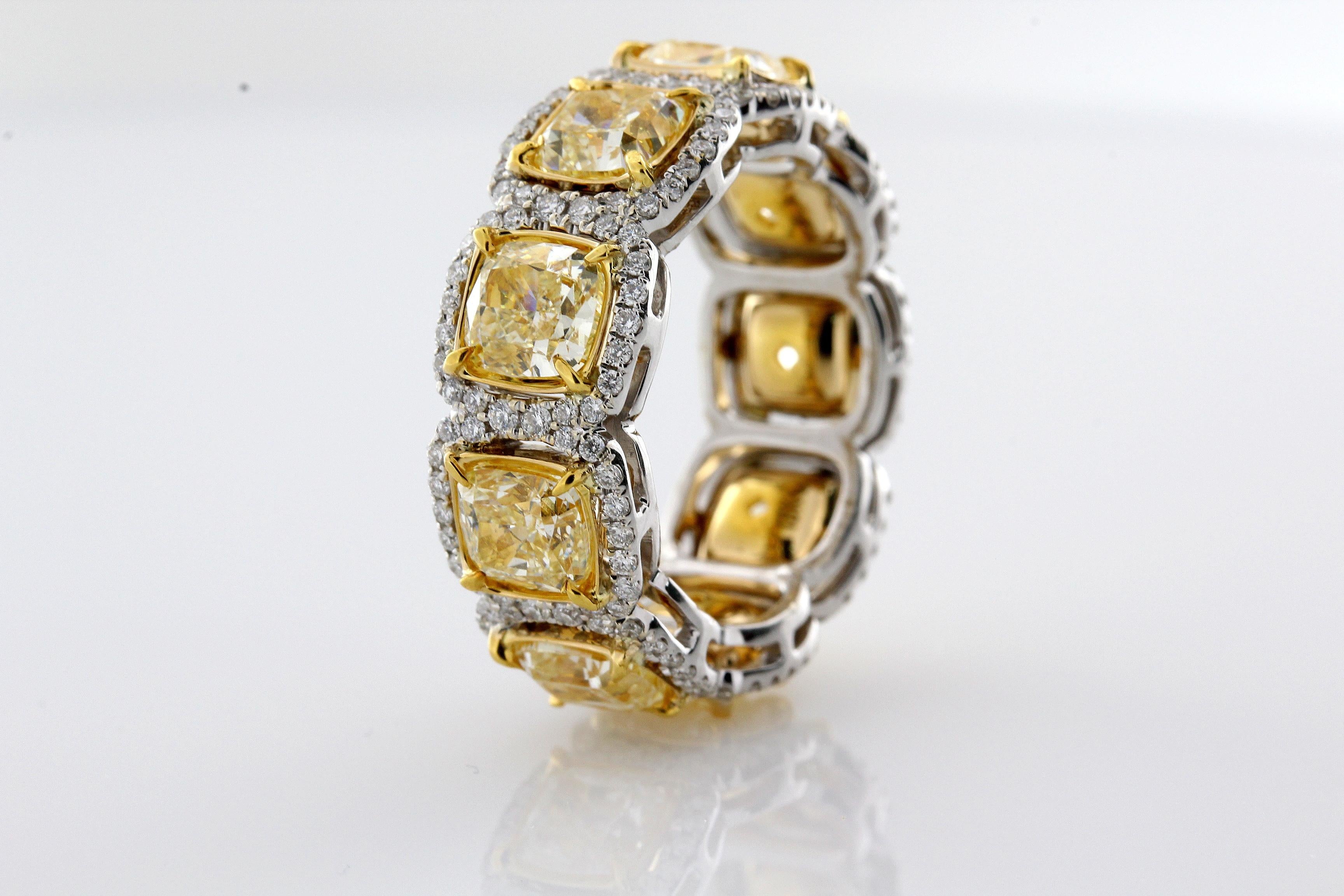 Contemporary 6.66 Carat Total Weight Natural Fancy Yellow Cushion Cut Eternity Ring For Sale