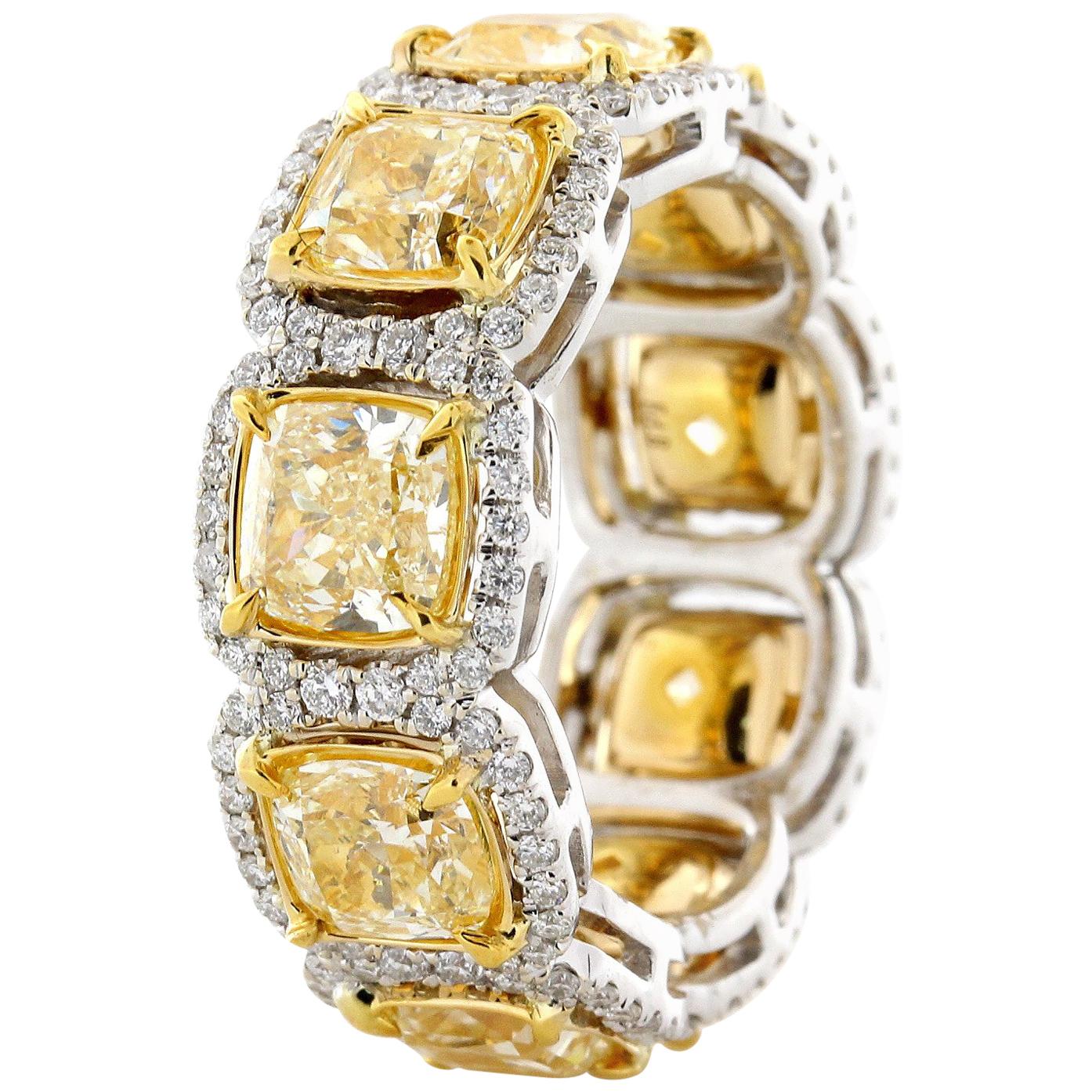 6.66 Carat Total Weight Natural Fancy Yellow Cushion Cut Eternity Ring For Sale