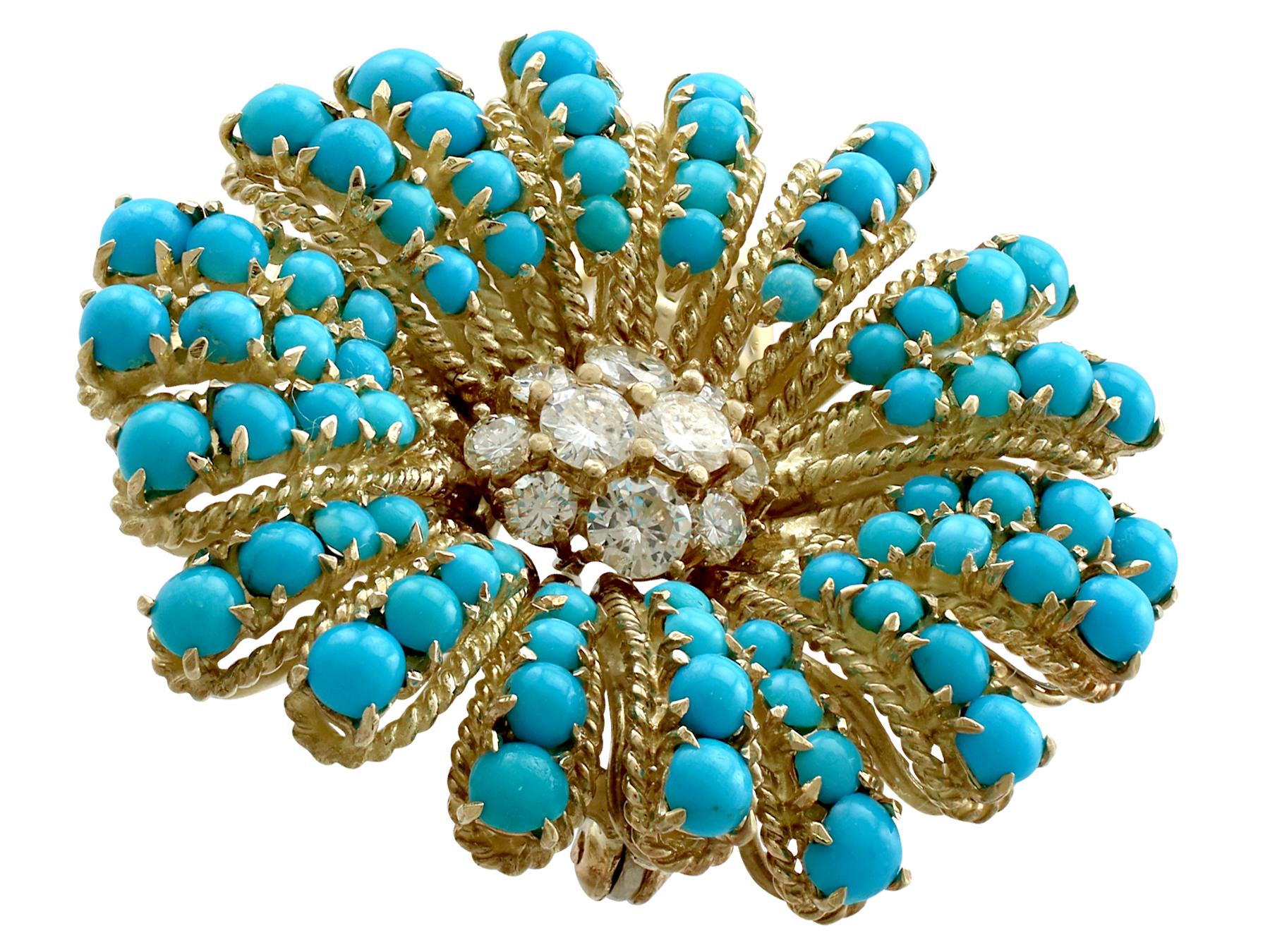 A stunning large vintage 6.66 carat turquoise and 1.48 carat diamond, 18 karat yellow gold 'flower' brooch by Ben Rosenfeld; part of our diverse gemstone jewelry collections.

This stunning, fine and impressive vintage turquoise flower brooch has