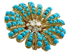 6.66 Carat Turquoise and 1.48 Carat Diamond Yellow Gold Flower Brooch