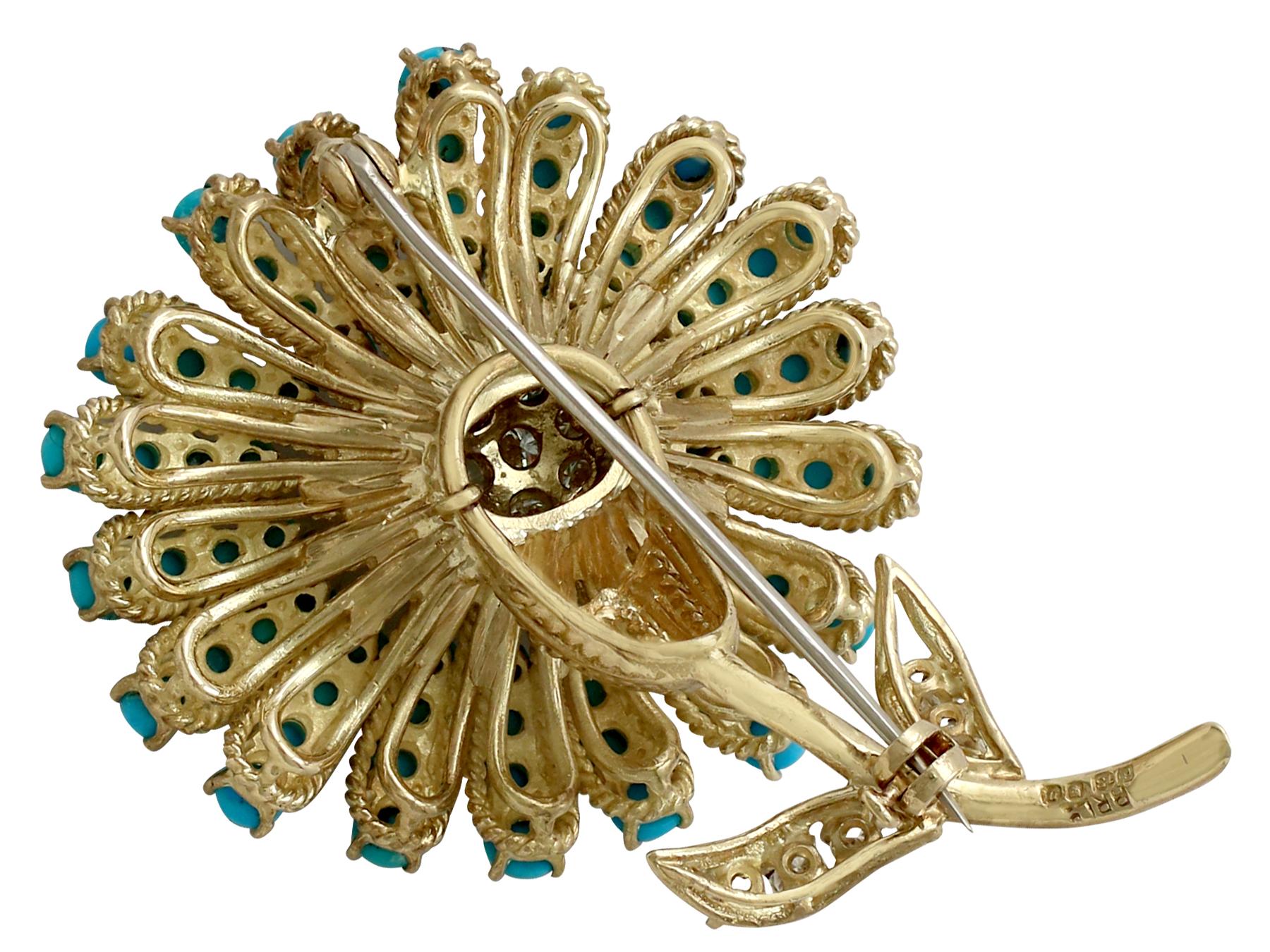 Women's or Men's 6.66 Carat Turquoise and 1.48 Carat Diamond Yellow Gold Flower Brooch