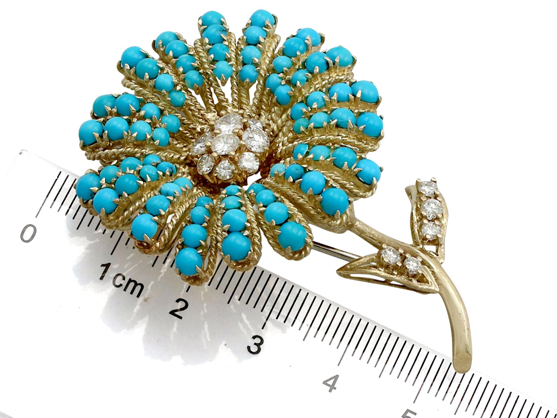 6.66 Carat Turquoise and 1.48 Carat Diamond Yellow Gold Flower Brooch 2