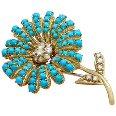 Vintage 6.66 Carat Turquoise and 1.48 Carat Diamond Yellow Gold Flower Brooch