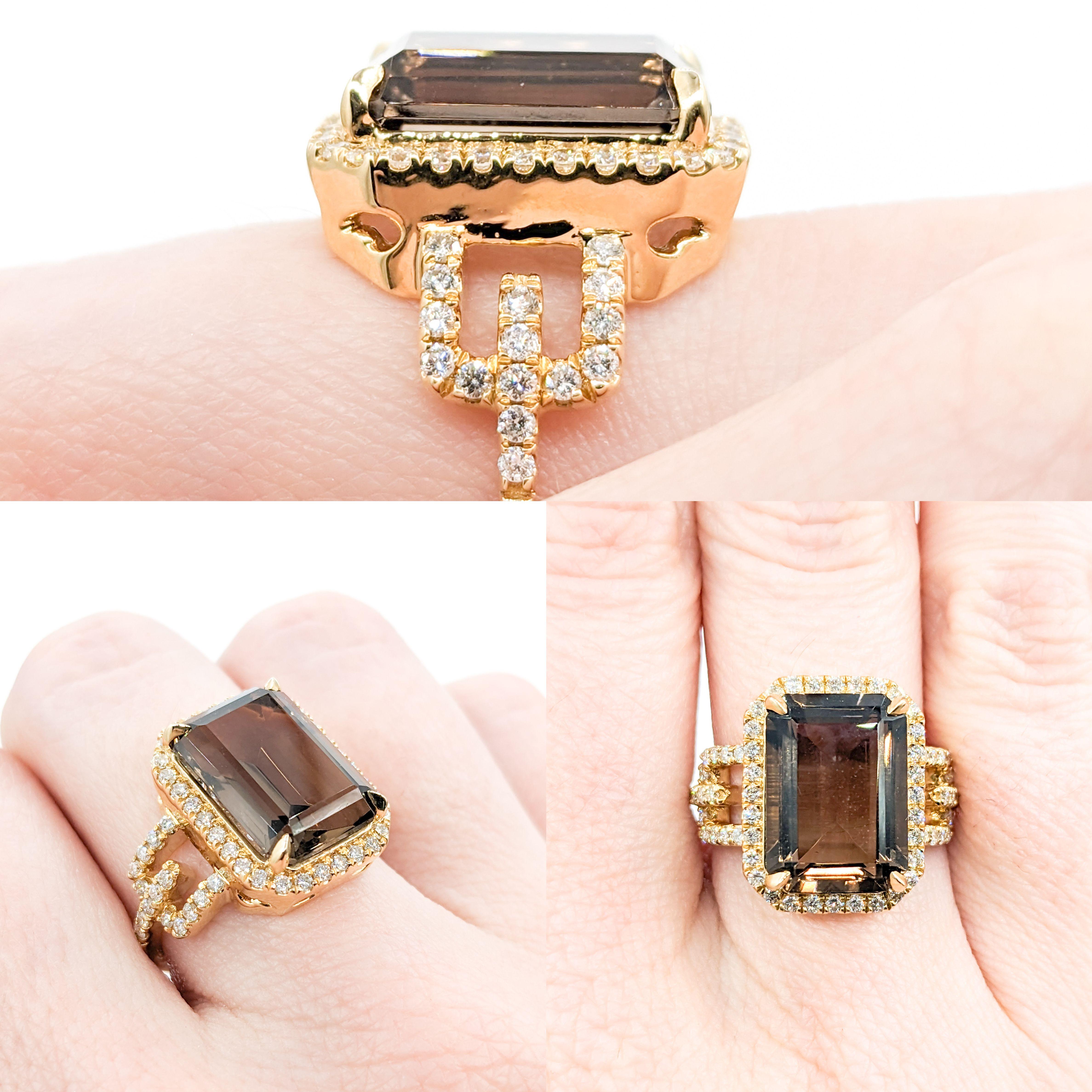 6.66ct Smoky Quartz & Diamond Ring In Yellow Gold

Embrace elegance with this gorgeous Smoky Quartz ring, delicately crafted in 14k yellow gold. This show-stopping ring boasts a magnificent 6.66 carat smokey quartz at its heart. The stone has a