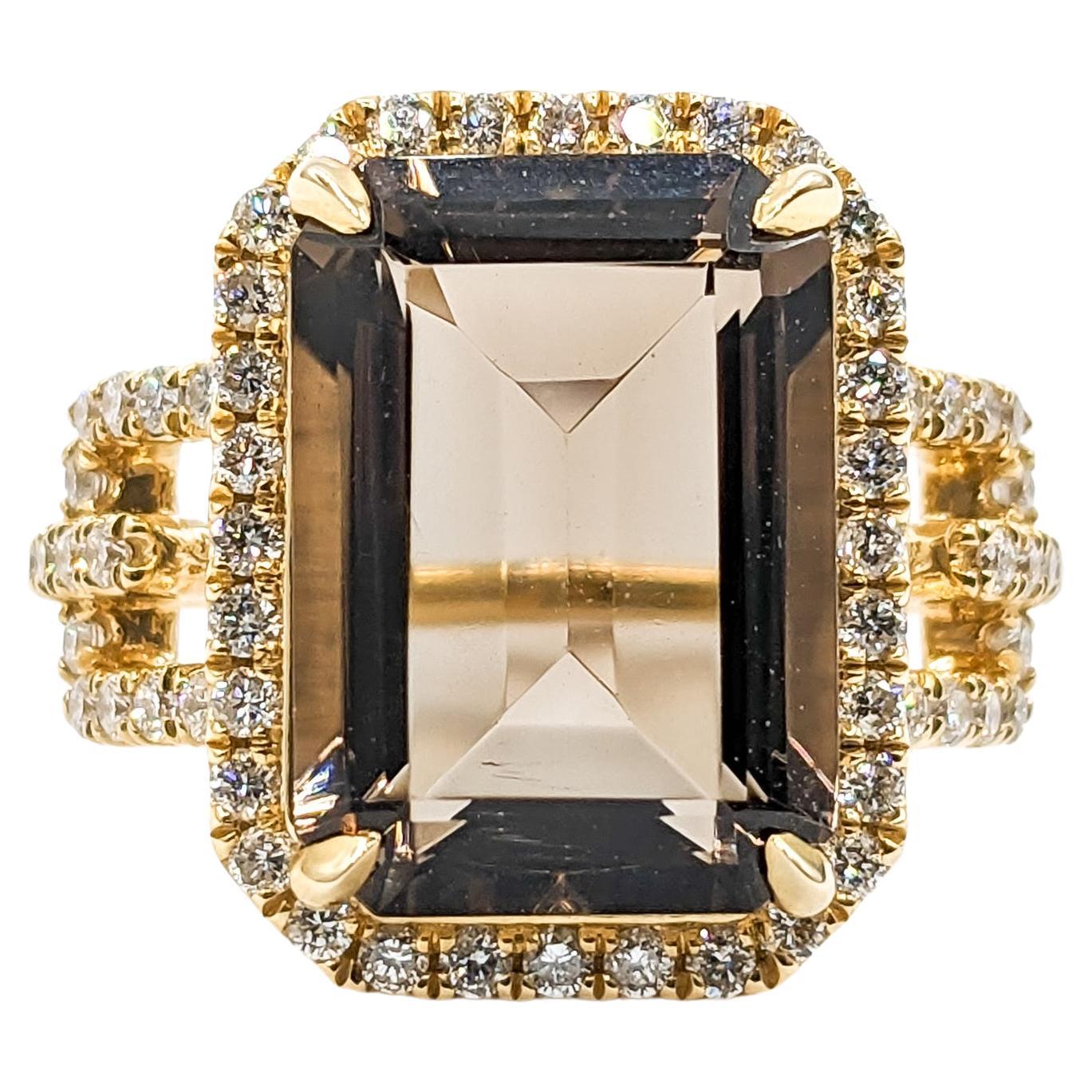 6.66ct Smoky Quartz & Diamond Ring In Yellow Gold For Sale