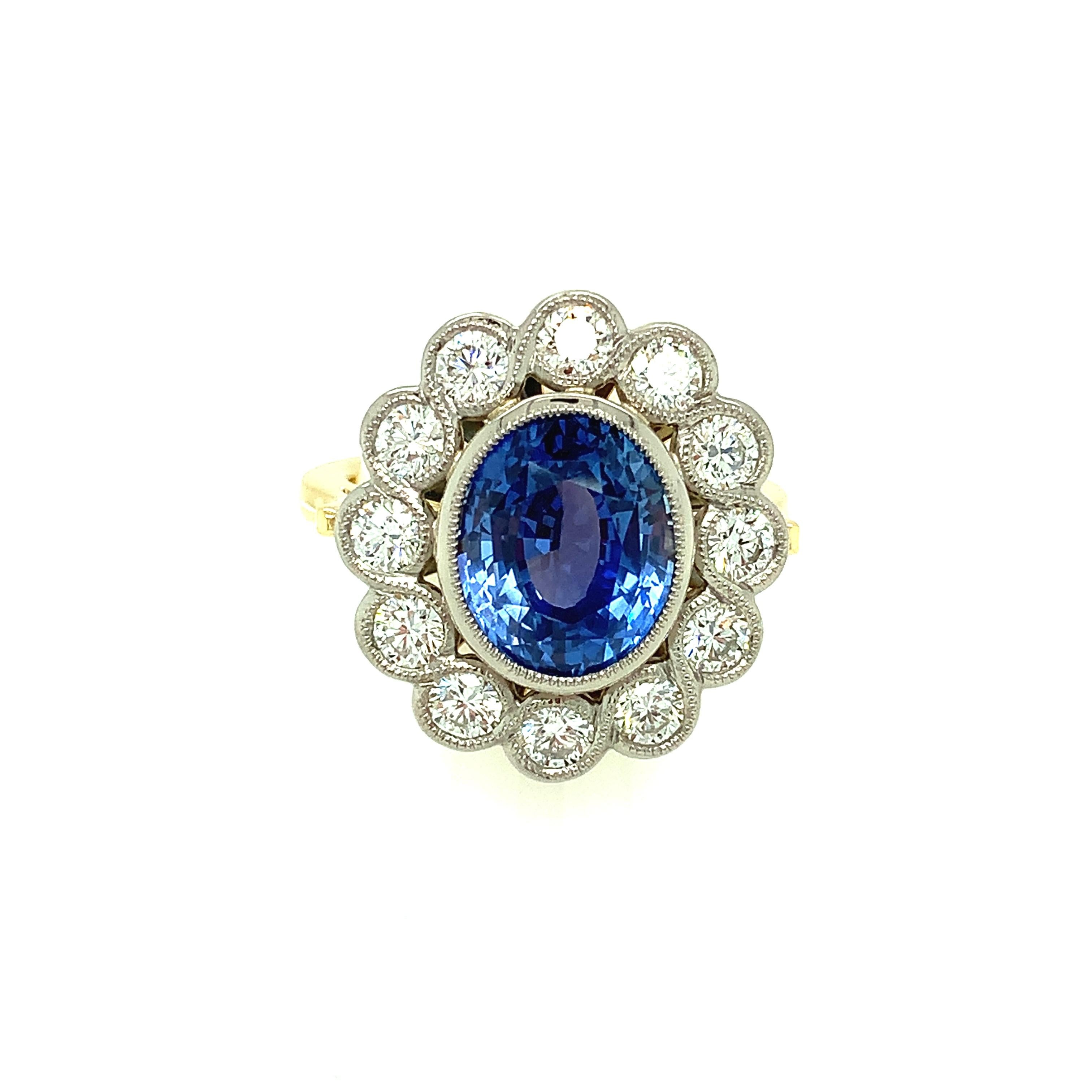 Artisan 6.67 Carat Cornflower Blue Sapphire and Diamond Cocktail Ring in 18k Gold For Sale