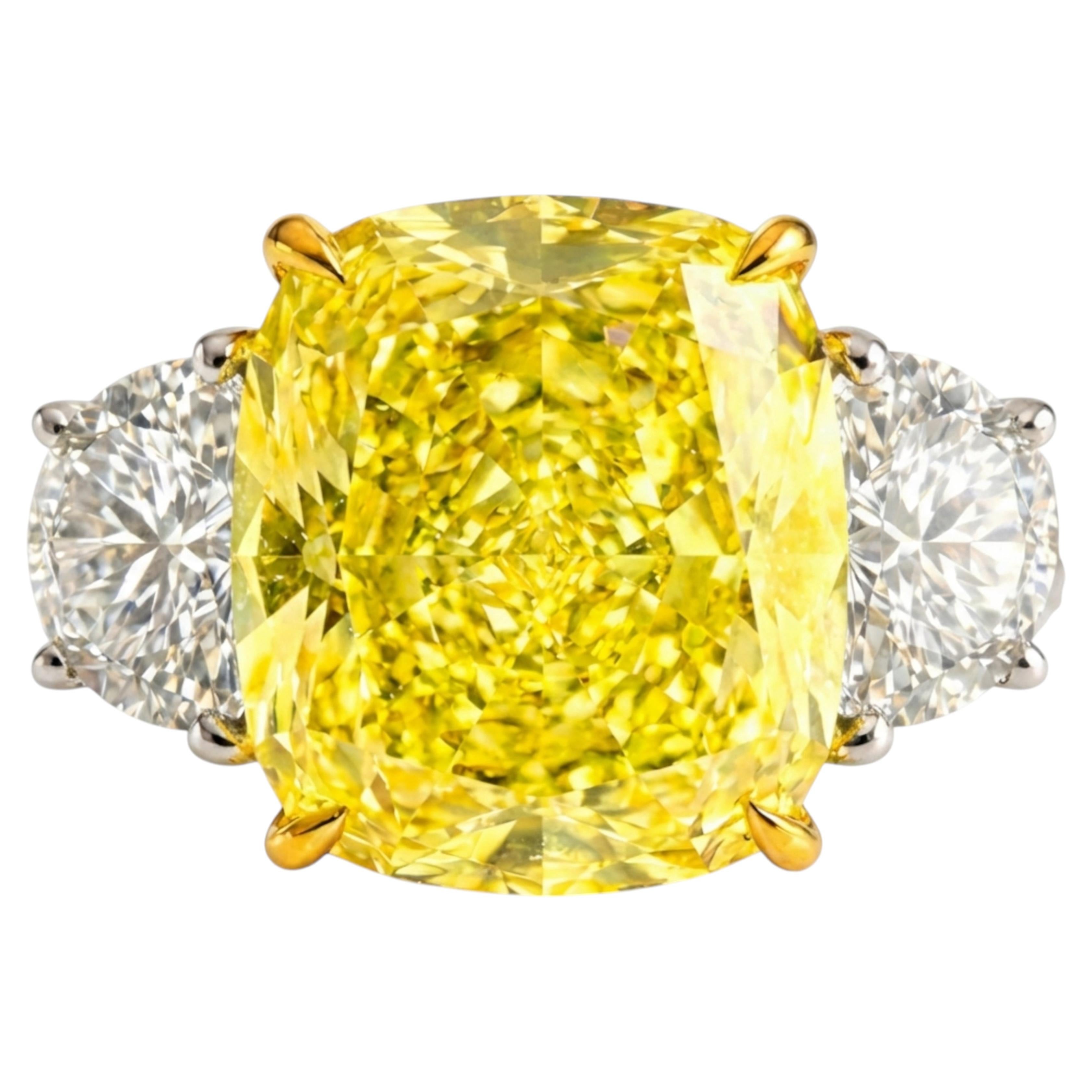 GIA Certified 6.09 Cushion Cut Fancy Intense Yellow Diamond Ring in 18K Gold For Sale
