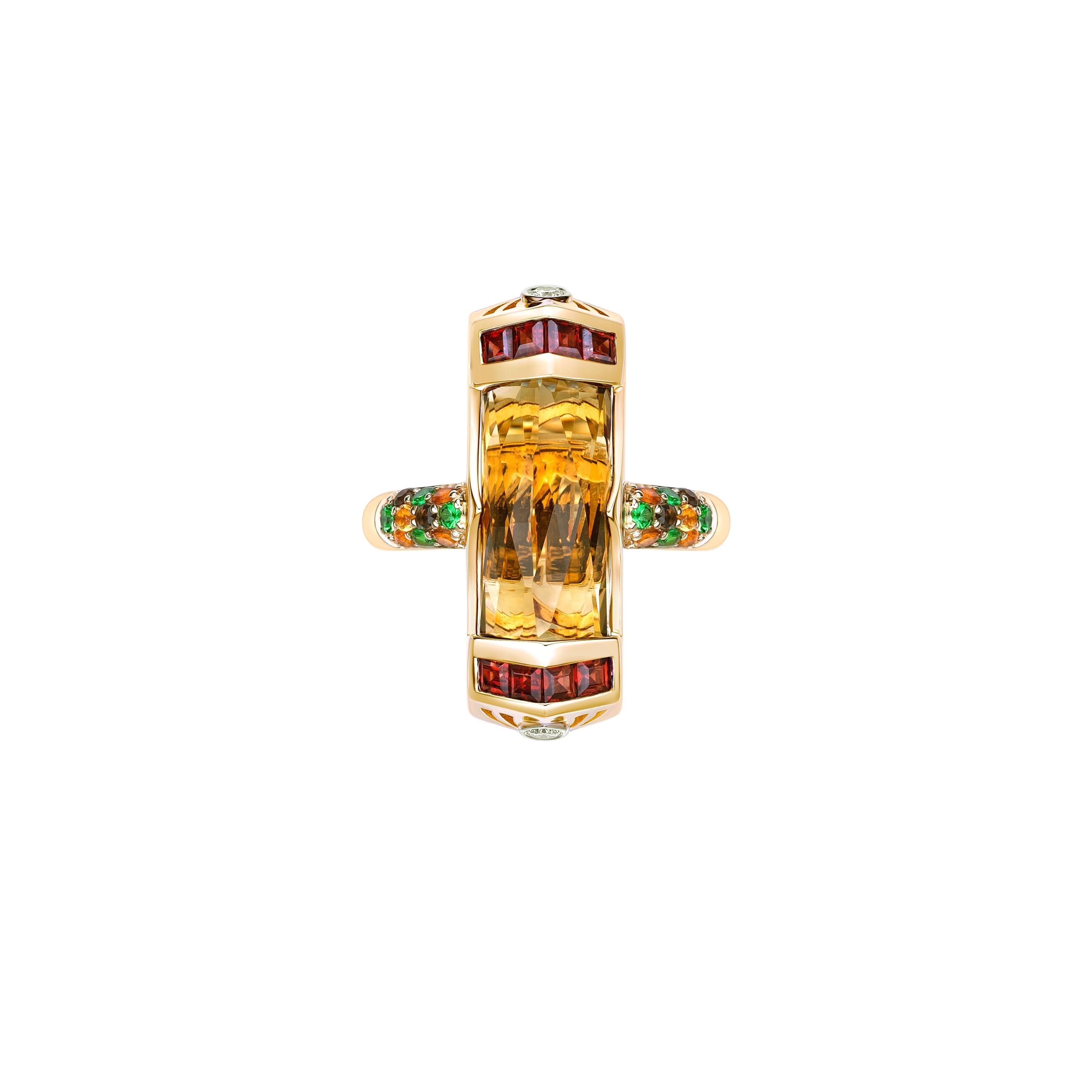 Contemporary 6.67 Carat Honey Quartz Cocktail Ring in 18KYG with Multi Gemstone and Diamond. For Sale