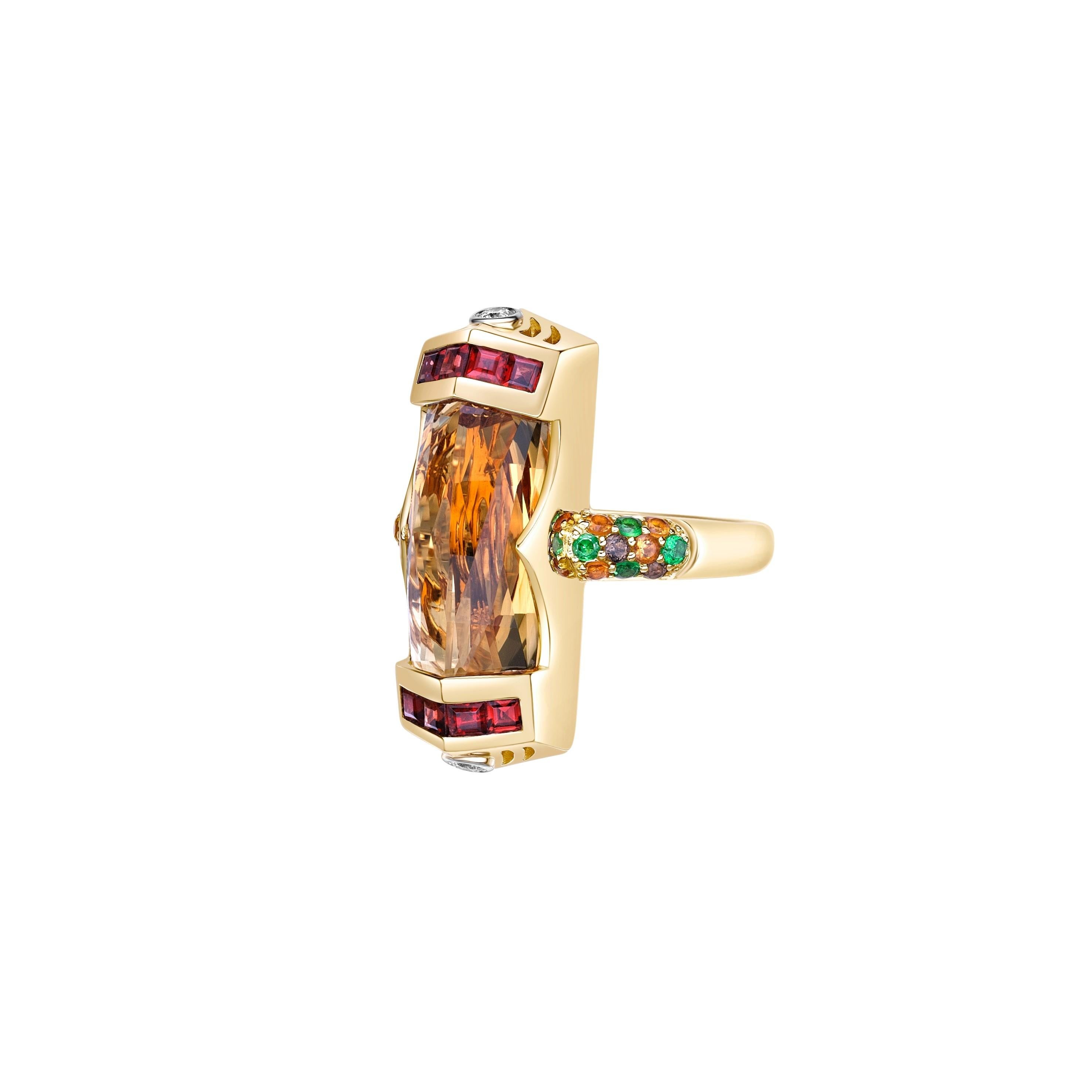 Baguette Cut 6.67 Carat Honey Quartz Cocktail Ring in 18KYG with Multi Gemstone and Diamond. For Sale