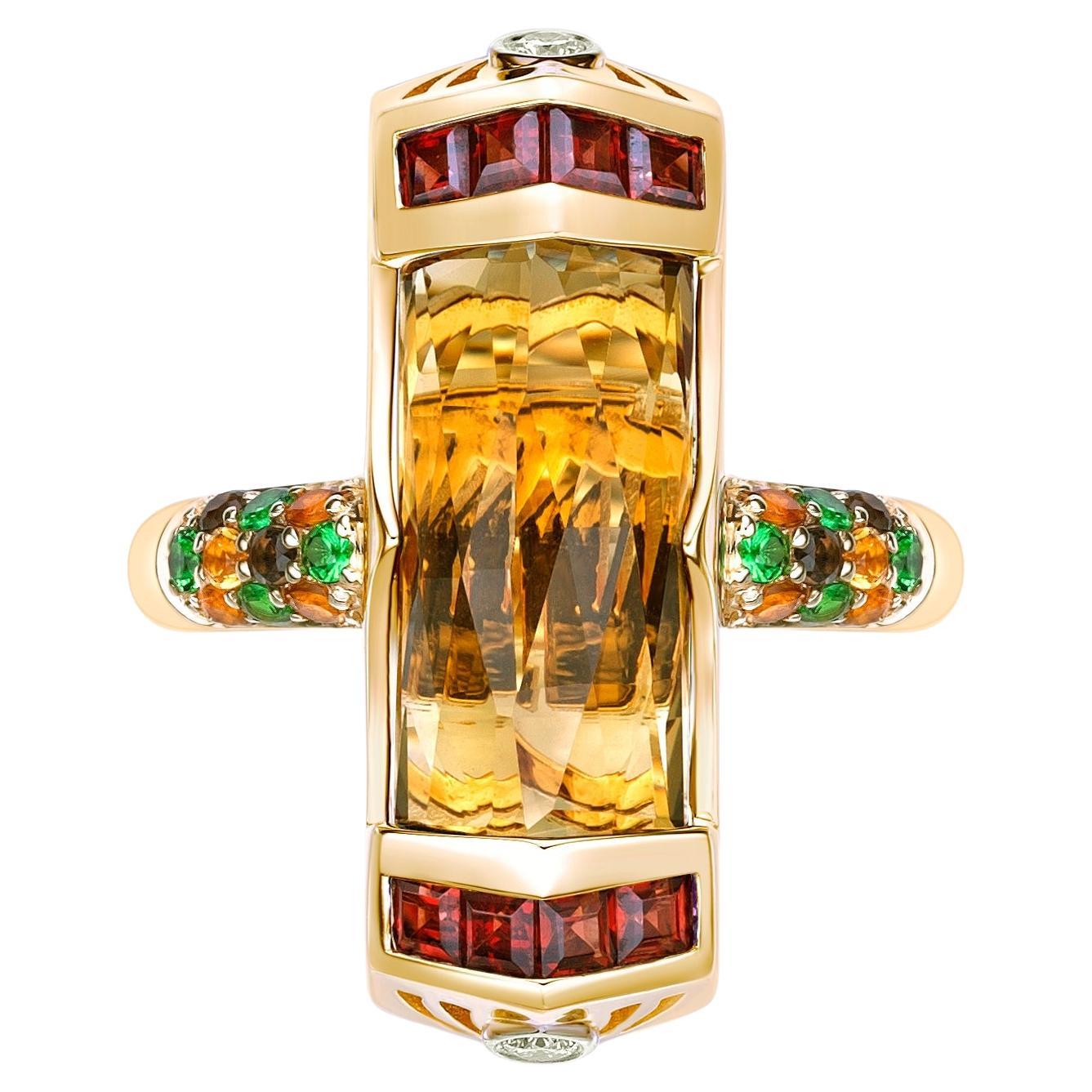 6.67 Carat Honey Quartz Cocktail Ring in 18KYG with Multi Gemstone and Diamond.