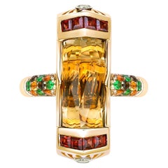 6.67 Carat Honey Quartz Cocktail Ring in 18KYG with Multi Gemstone and Diamond.