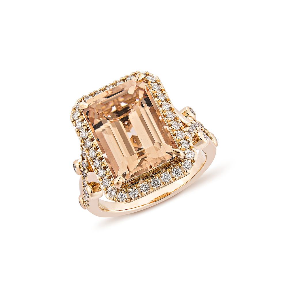 Contemporary 6.67 Carat Morganite Fancy Ring in 18Karat Rose Gold with White Diamond.   For Sale