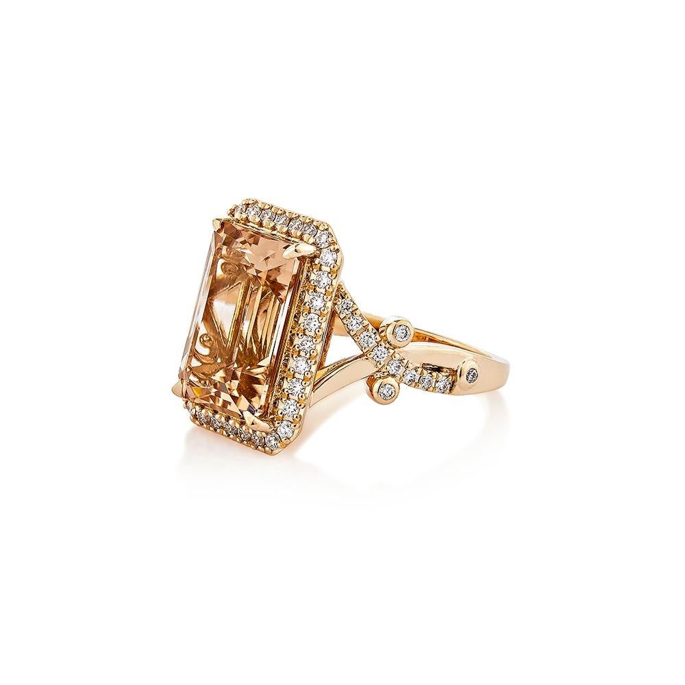 Cushion Cut 6.67 Carat Morganite Fancy Ring in 18Karat Rose Gold with White Diamond.   For Sale