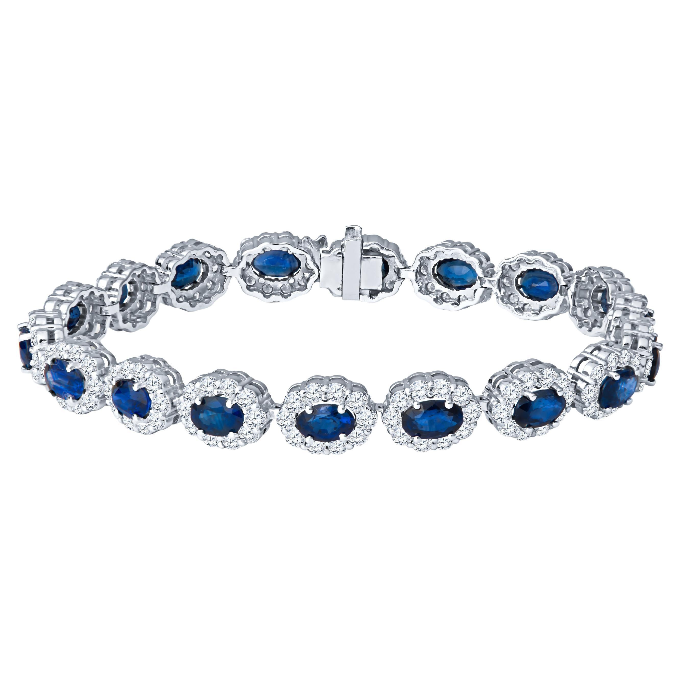 6.67 Carat Total Weight Natural Blue Oval Cut Sapphire & Diamond Halo Bracelet 