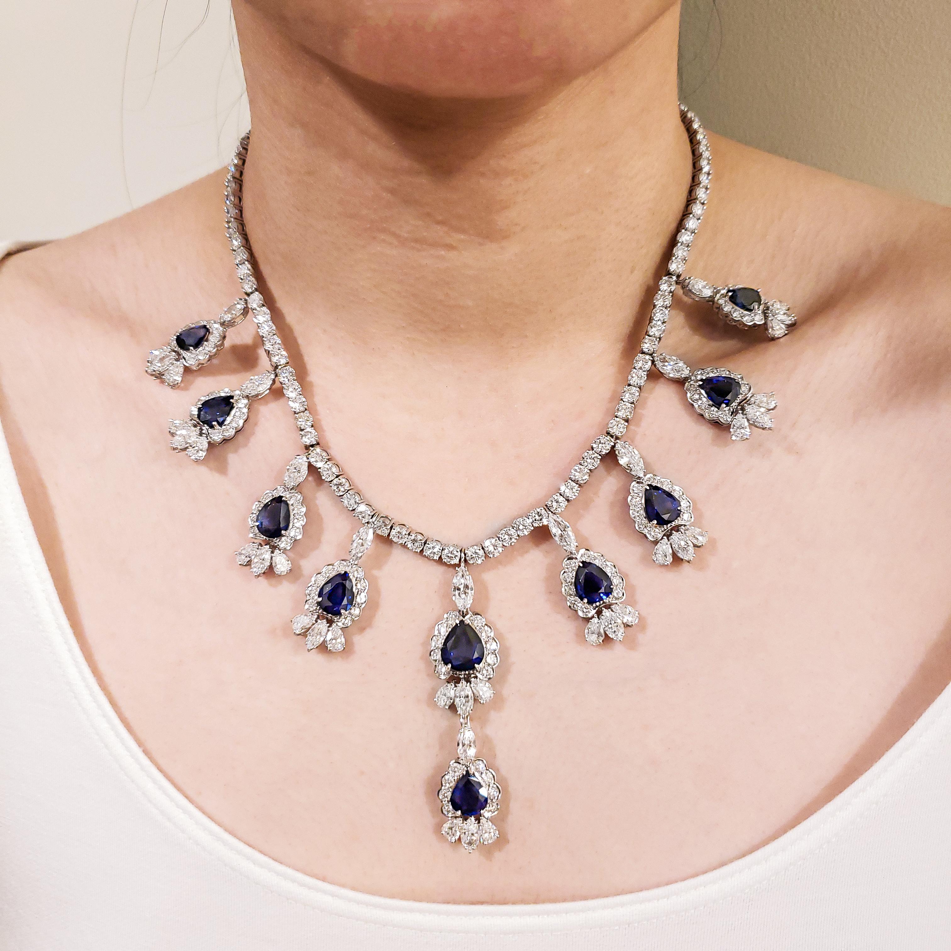 Women's 66.75 Carat Blue Sapphire and Diamond Earrings and Necklace Set For Sale