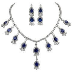 66.75 Carat Blue Sapphire and Diamond Earrings and Necklace Set