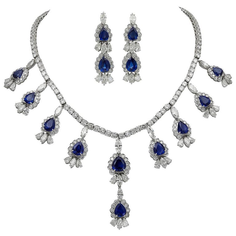 66.75 Carat Blue Sapphire and Diamond Earrings and Necklace Set For ...