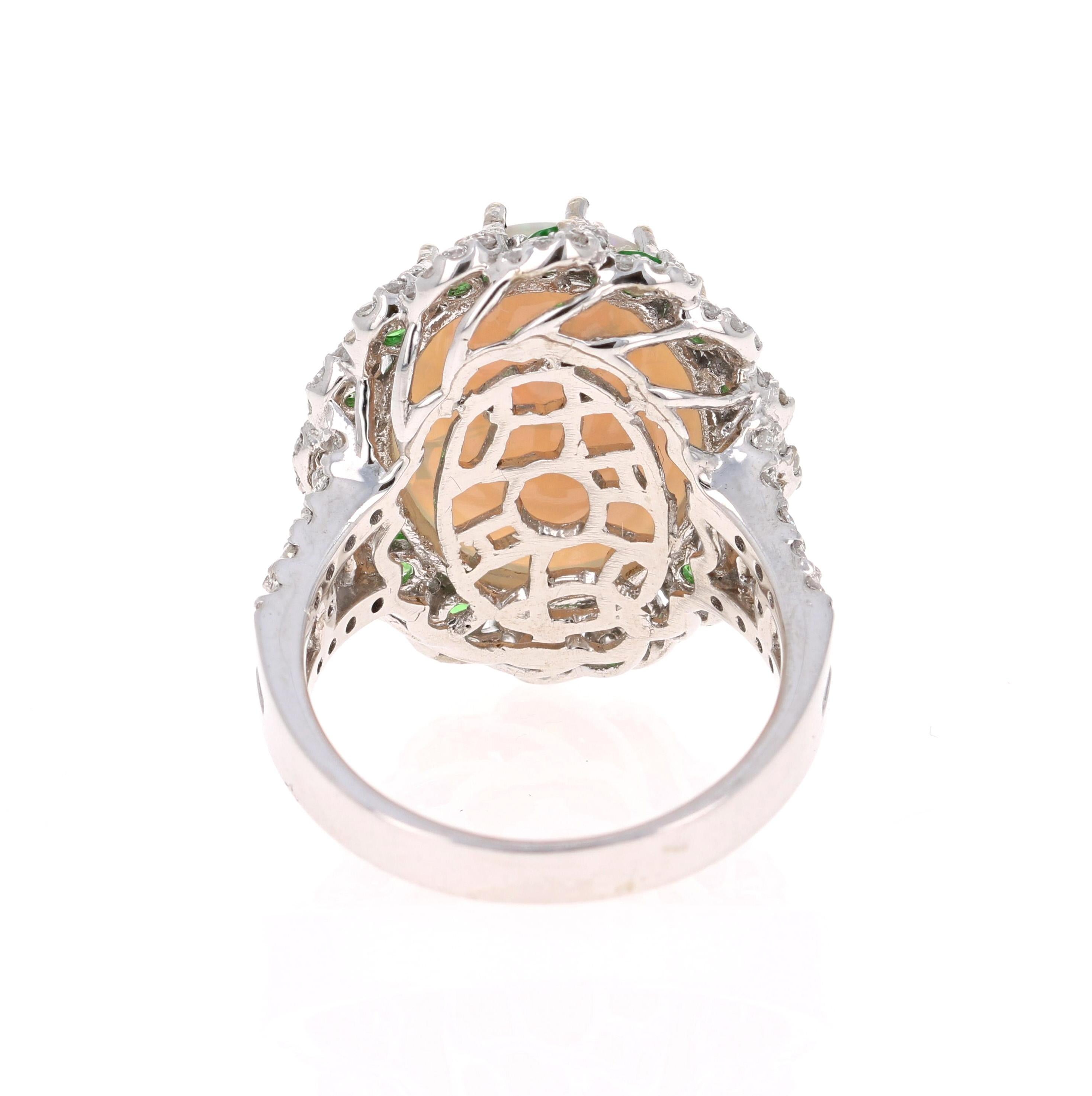 6.68 Carat Oval Cut Opal Diamond Tsavorite 14 Karat White Gold Cocktail Ring In New Condition In Los Angeles, CA