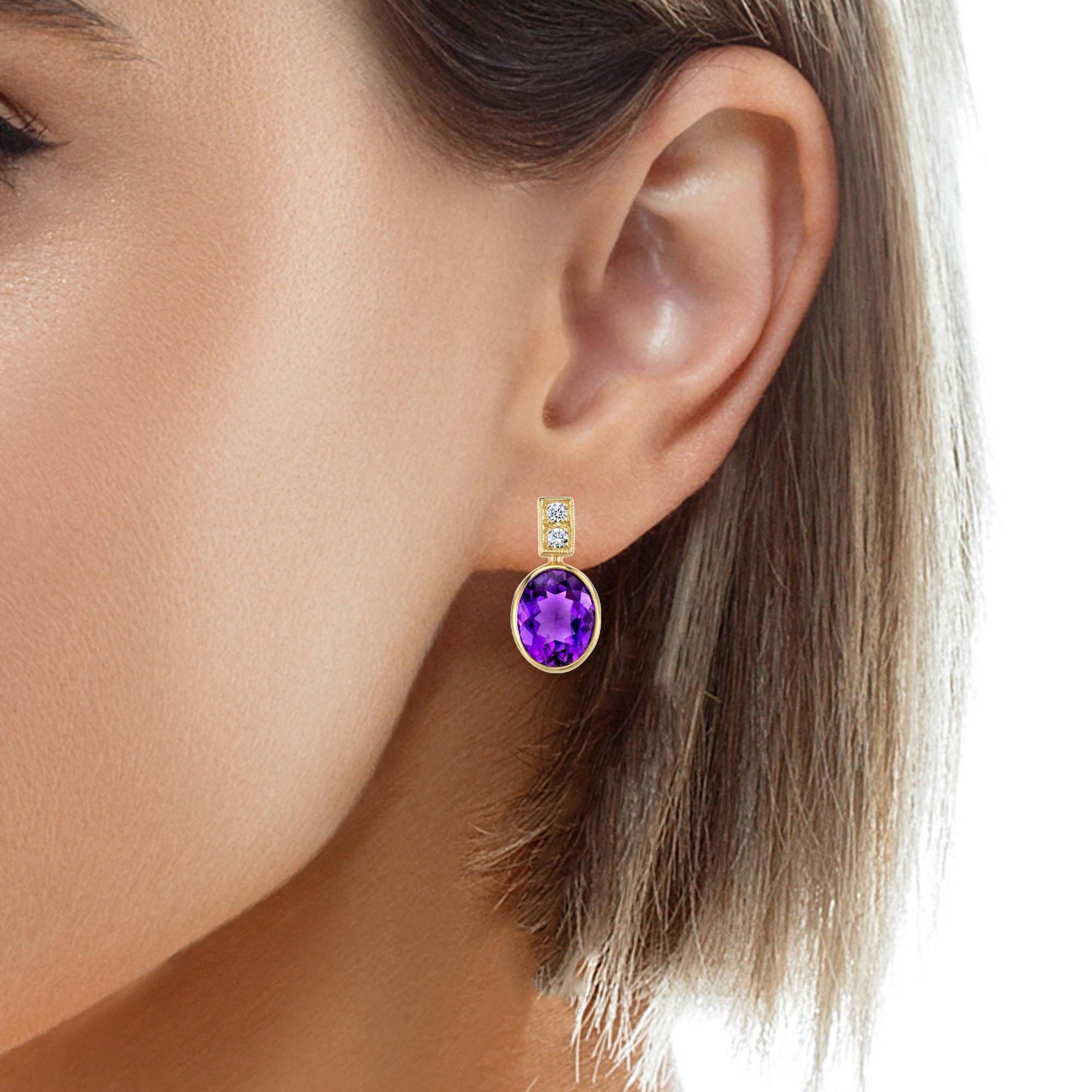 Amethyst and Diamond Drop Earrings in 18k Yellow Gold, 6.72 Carats Total For Sale 4
