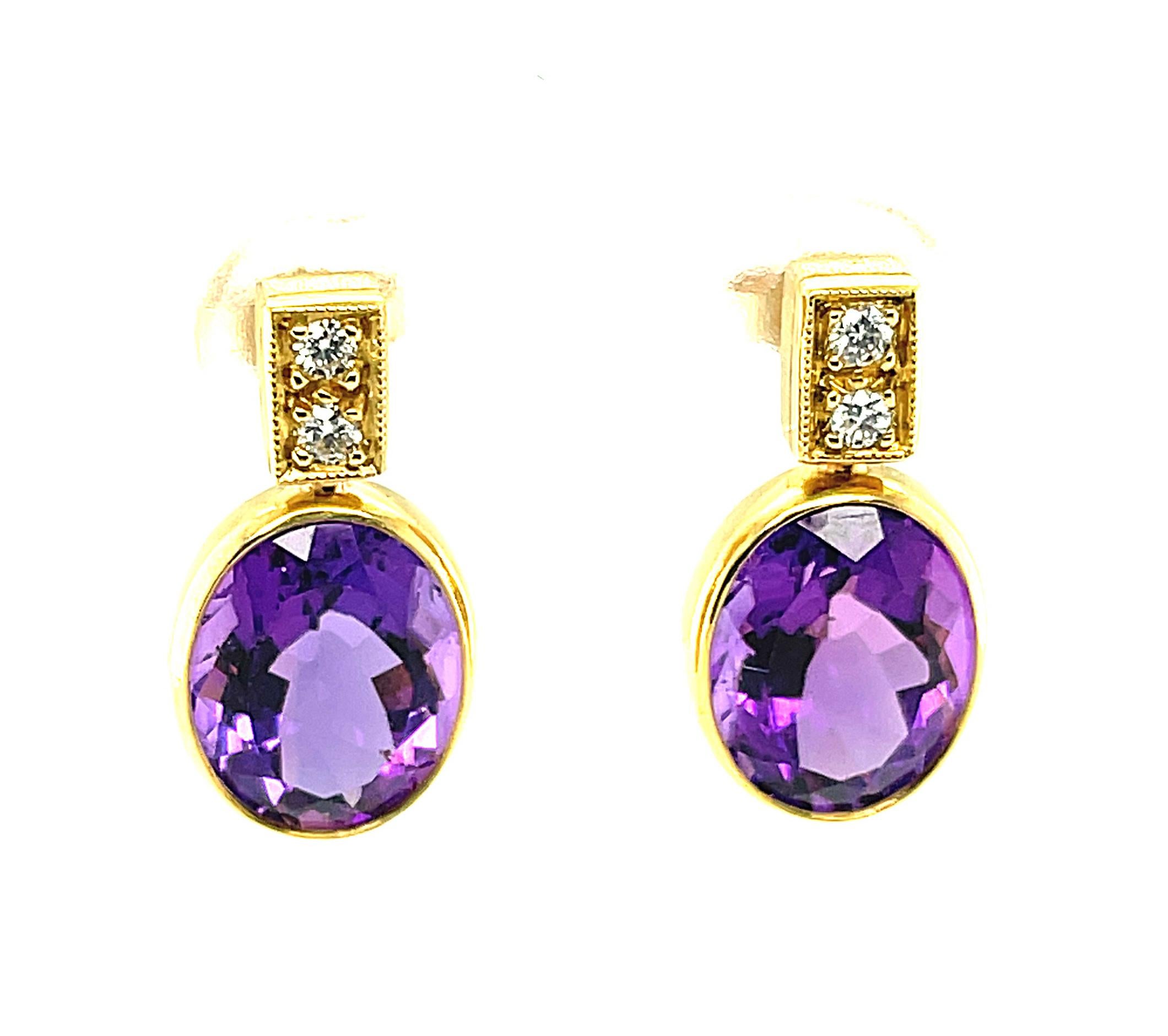 These stunning drop earrings feature rich purple amethysts and brilliant diamonds in a design that will add everyday elegance to your wardrobe! Stylish and modern but with timeless appeal, we designed these beautiful earrings to be positioned