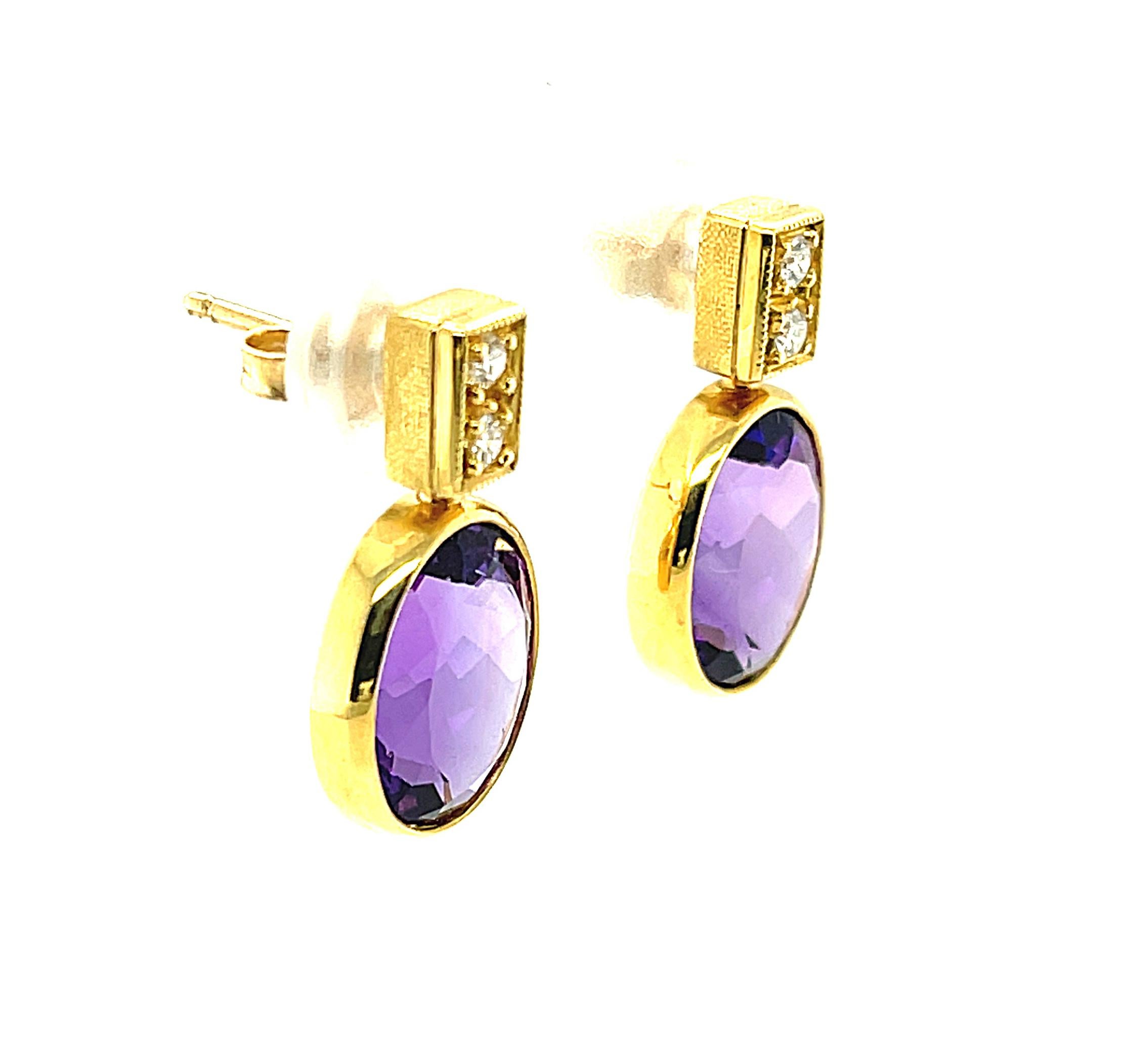 Artisan Amethyst and Diamond Drop Earrings in 18k Yellow Gold, 6.72 Carats Total For Sale