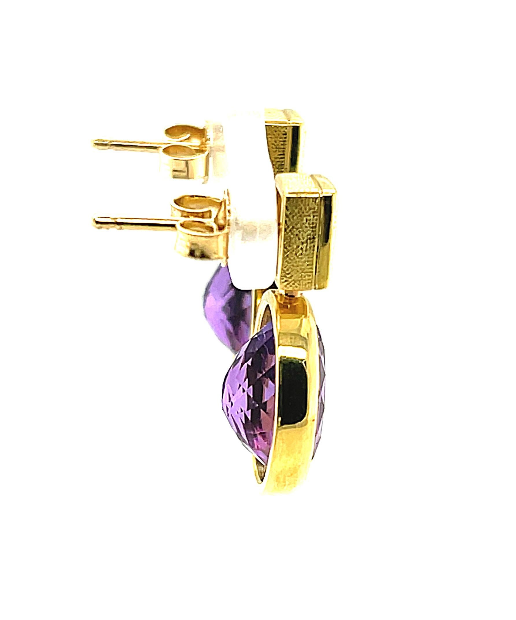 Oval Cut Amethyst and Diamond Drop Earrings in 18k Yellow Gold, 6.72 Carats Total For Sale