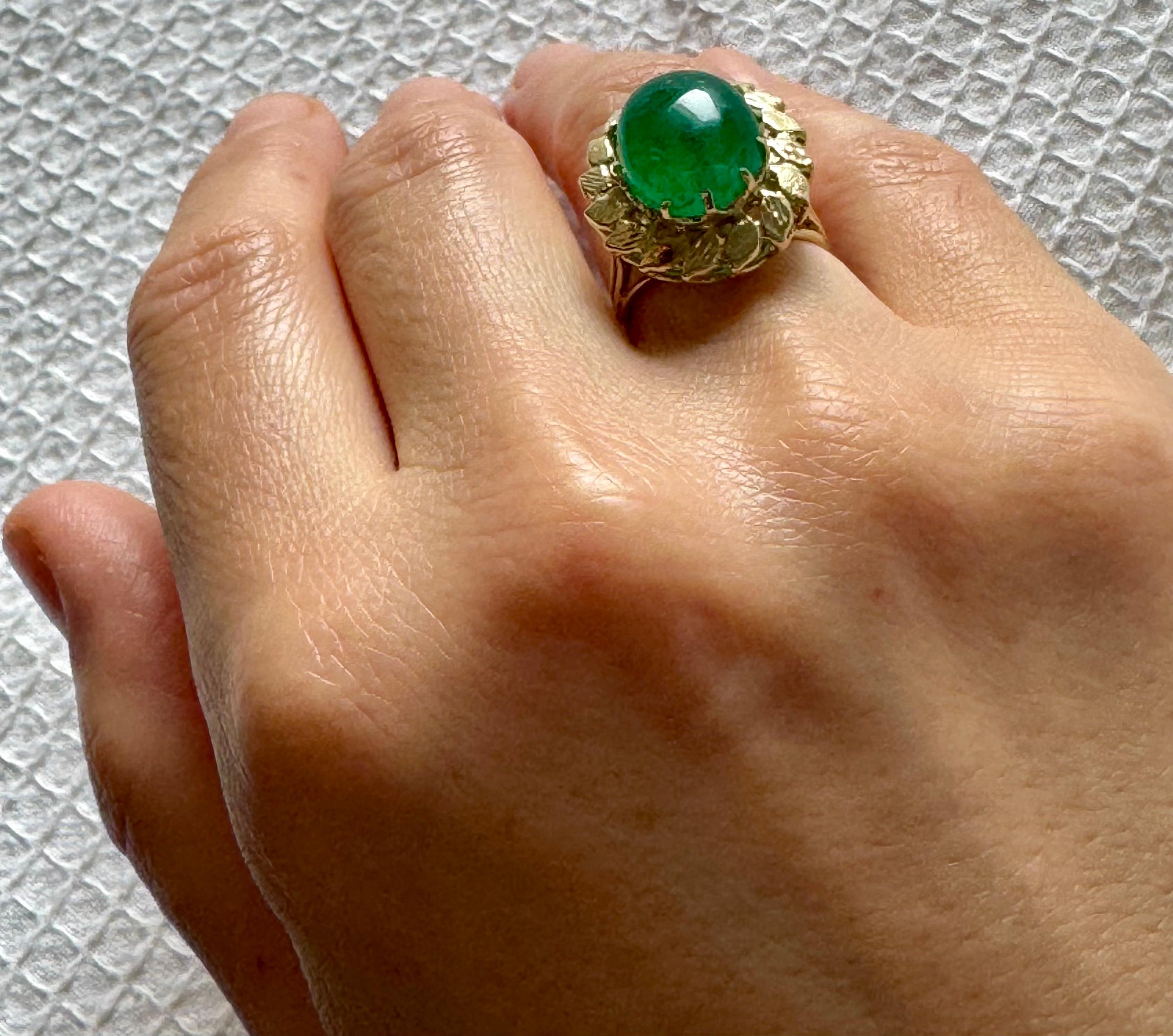 6.68 Carat Zambian Emerald Cabochon Cocktail Ring 14 Karat Yellow Gold For Sale 9