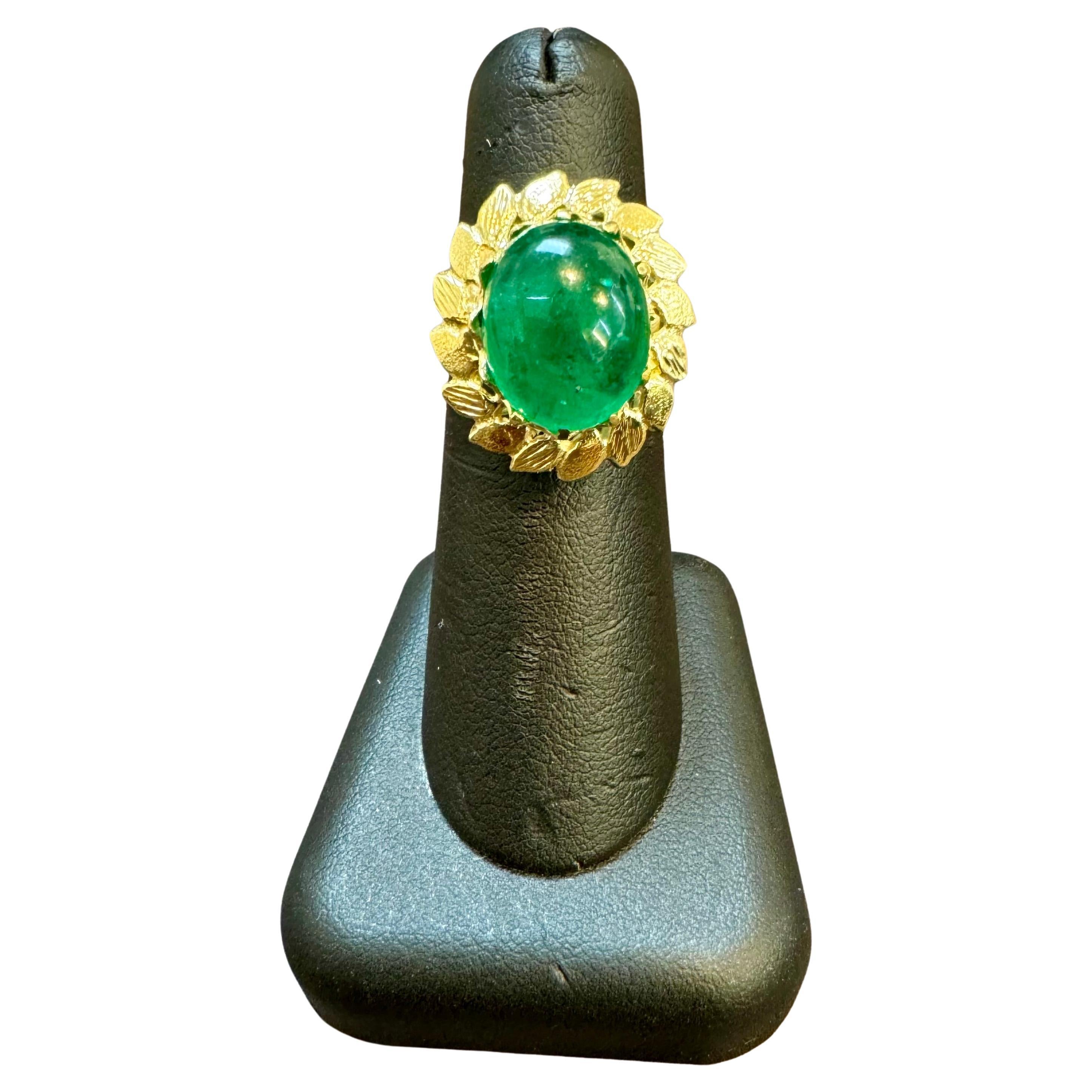 6.68 Carat Zambian Emerald Cabochon Cocktail Ring 14 Karat Yellow Gold