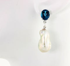 6.68 Carat Blue Topaz and Pearl Sterling Silver Stud Earrings