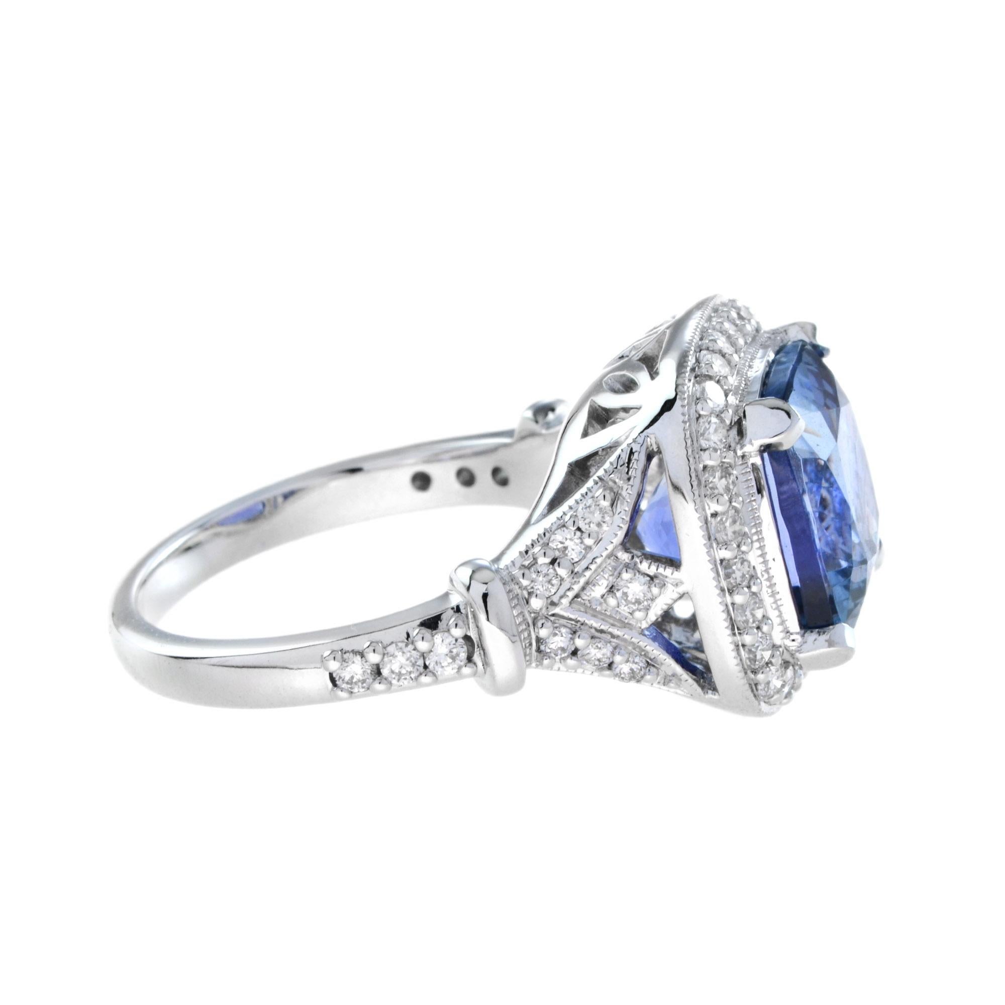 Women's Certified 6.68 Ct. Cushion Tanzanite Diamond Engagement Ring in 18K White Gold For Sale