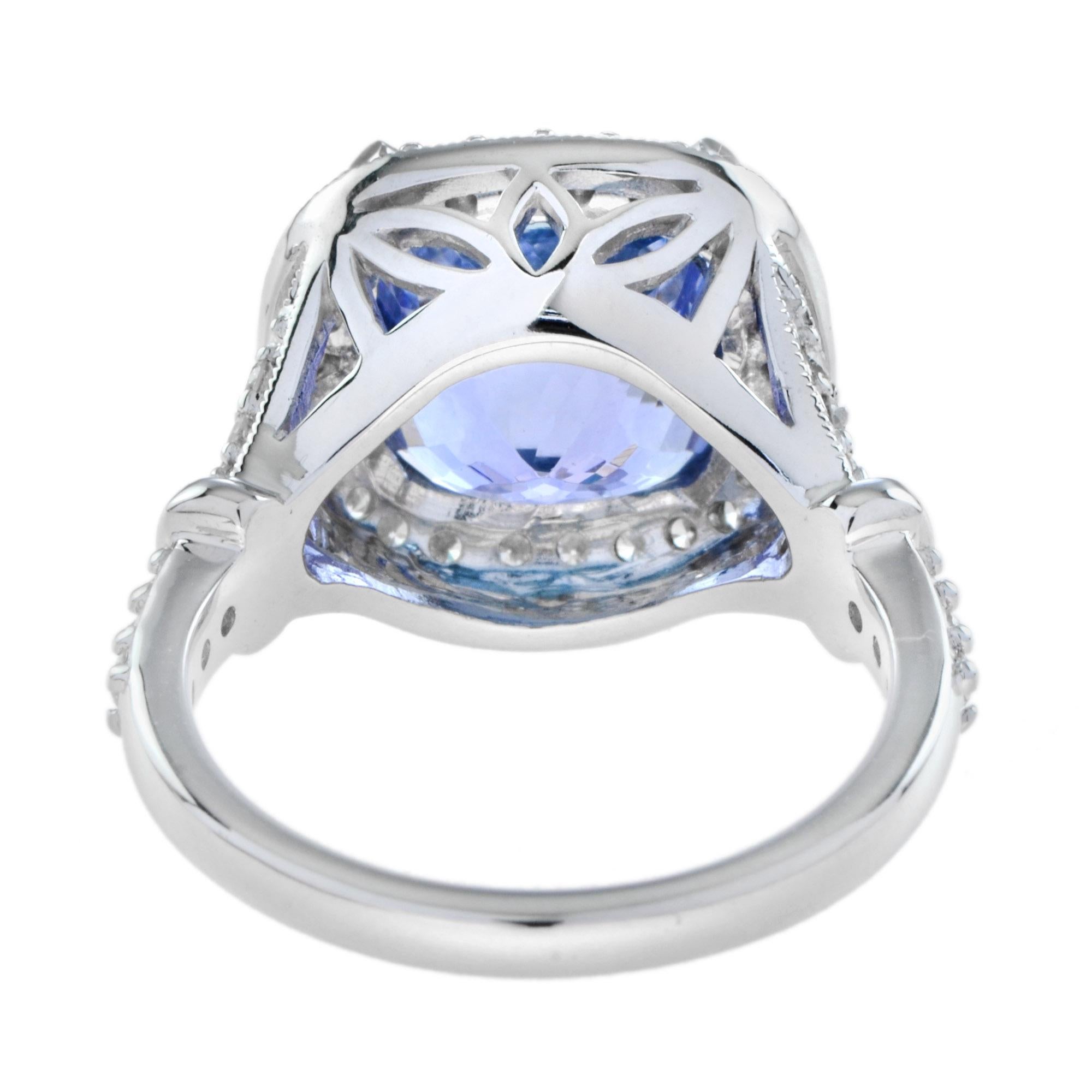 Certified 6.68 Ct. Cushion Tanzanite Diamond Engagement Ring in 18K White Gold For Sale 1