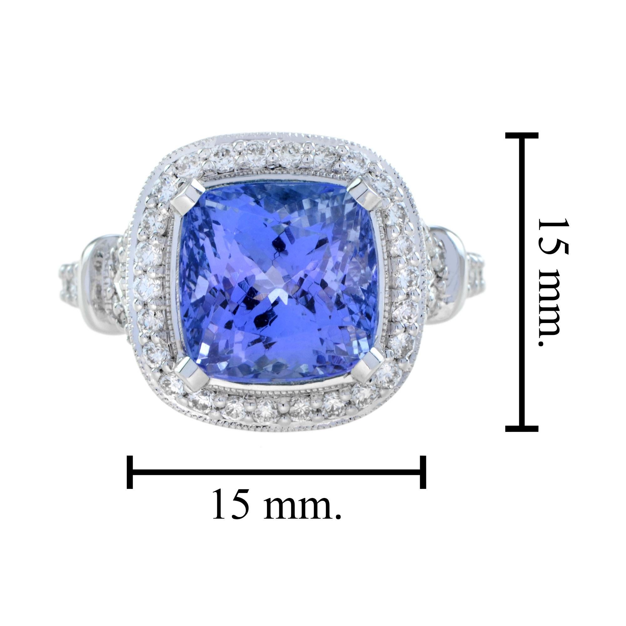 Certified 6.68 Ct. Cushion Tanzanite Diamond Engagement Ring in 18K White Gold For Sale 3
