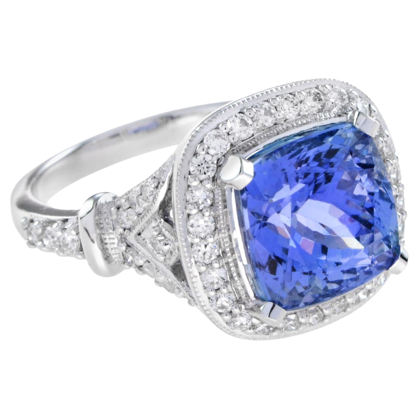 Certified 6.68 Ct. Cushion Tanzanite Diamond Engagement Ring in 18K White Gold