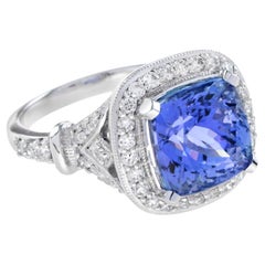 Certified 6.68 Ct. Cushion Tanzanite Diamond Engagement Ring in 18K White Gold