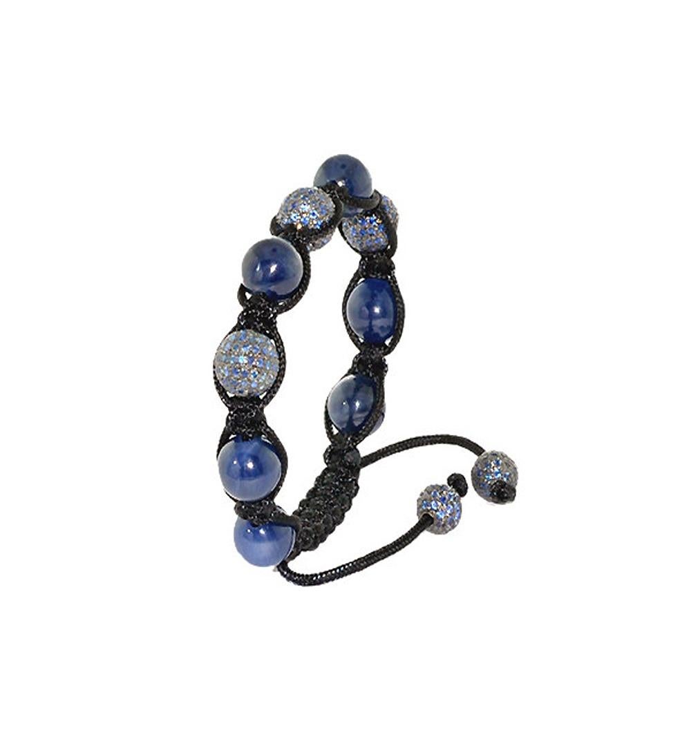 Contemporary 66.80ct Pave Blue Sapphire Bead Macrame Silver Bracelet For Sale