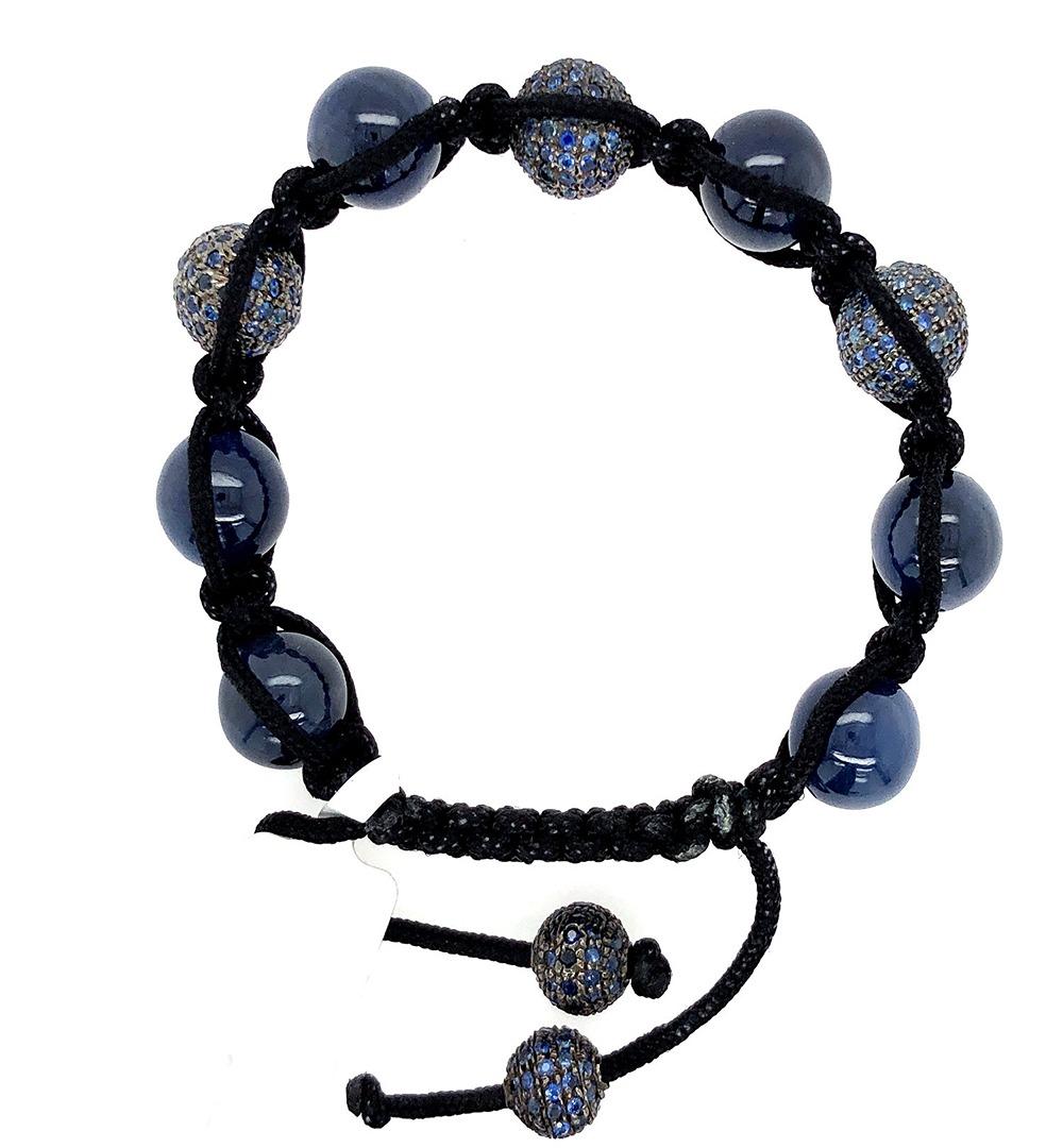 Women's 66.80ct Pave Blue Sapphire Bead Macrame Silver Bracelet For Sale