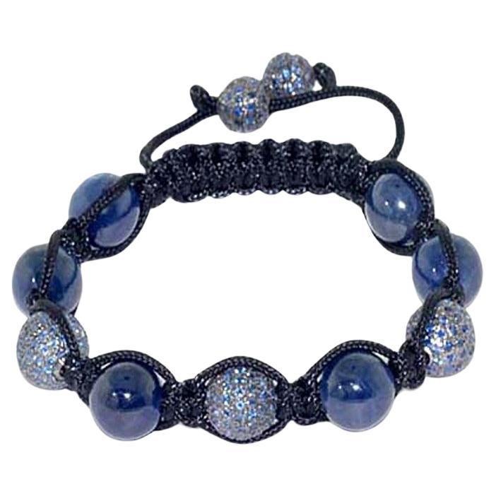 66.80ct Pave Blue Sapphire Bead Macrame Silver Bracelet For Sale